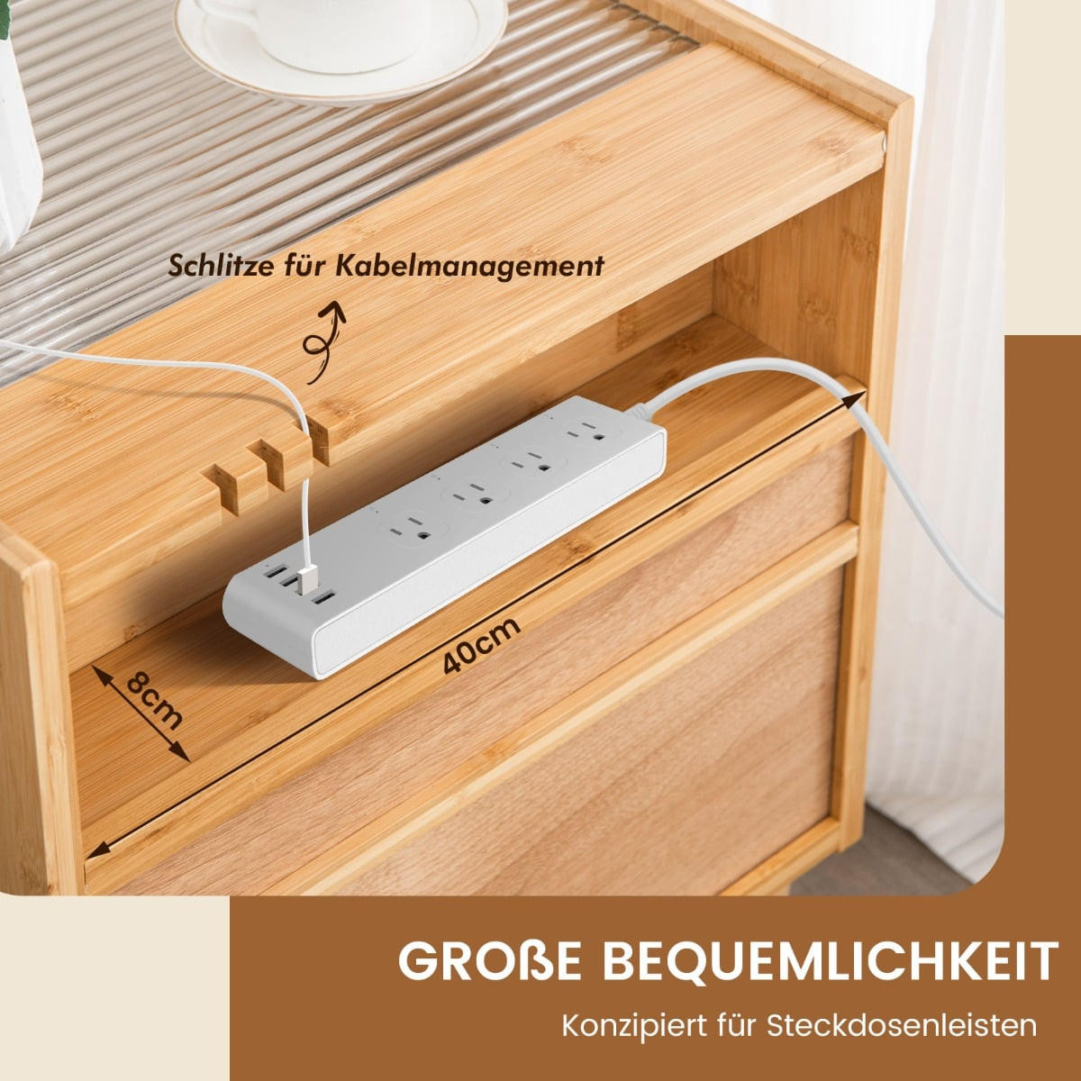 NACHTTISCH Bambus & Rattan mit Schublade und verstecktem Kabel-Stauraum, Natur - Naturfarben, Naturmaterialien/Holzwerkstoff (35/50/43cm) - DESIGN IN