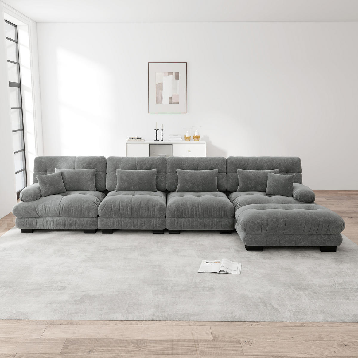 ECKSOFA 406×145×81 cm aus Chenille modular mit Ottoman, grau - Grau, Textil (145/406cm) - Luhomfu