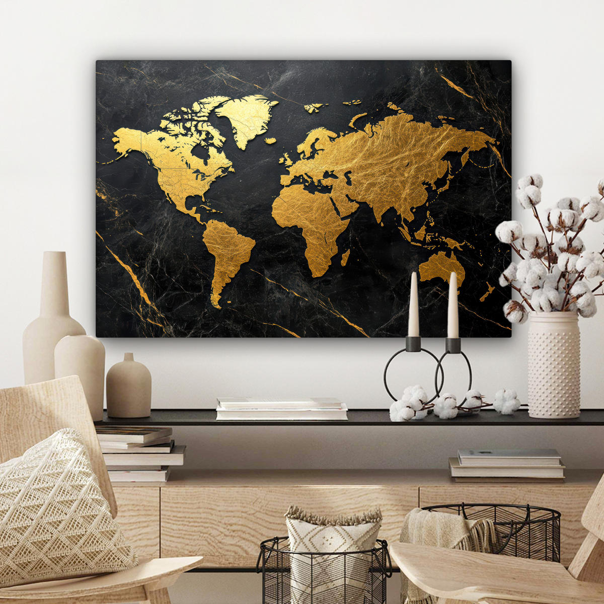 OBRAZ NA PLÁTNĚ Mapa světa - Zlato - Mramor 90x60 cm - zlatá, textil (90/60cm) - MuchoWow