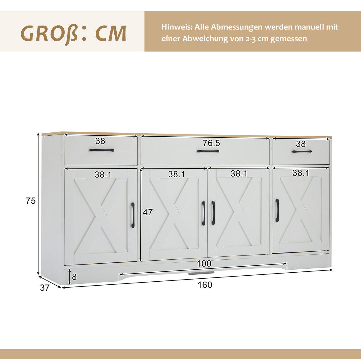 KOMODA 160/37/75 cm biela z MDF s doskou v drevenom dekore so 3 zásuvkami a 4 dvierkami - biela, kompozitné drevo (160/75/37cm) - OKWISH