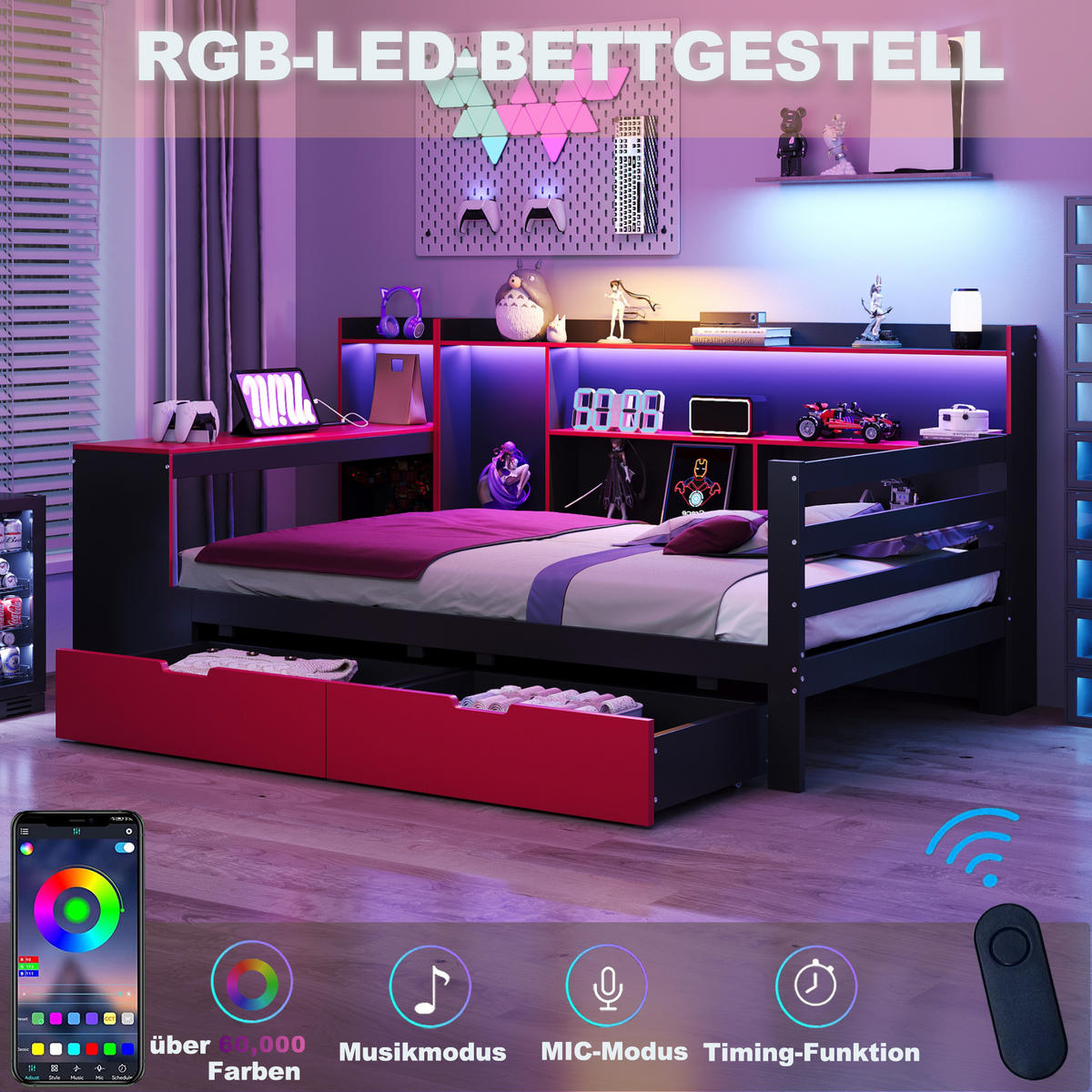 SCHLAFSOFA 90/200 cm in Schwarz & Rot mit 2 Schubladen, LED und USB - Rot/Schwarz, Holz/Holzwerkstoff (90/200cm) - WISHDOR