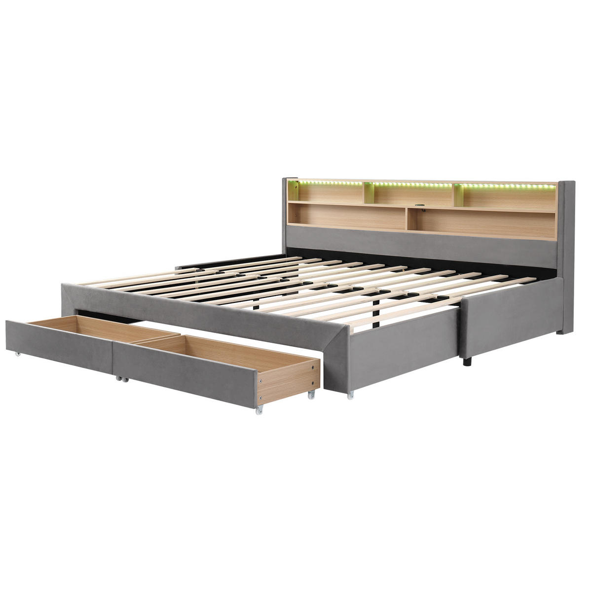 POLSTERBETT 90/200 cm & 180/200 cm in Grau mit Schubladen, offenen Fächern, USB, Type-C und LED Samt Design - Grau, Holzwerkstoff/Textil (90/200cm) - STILVORA