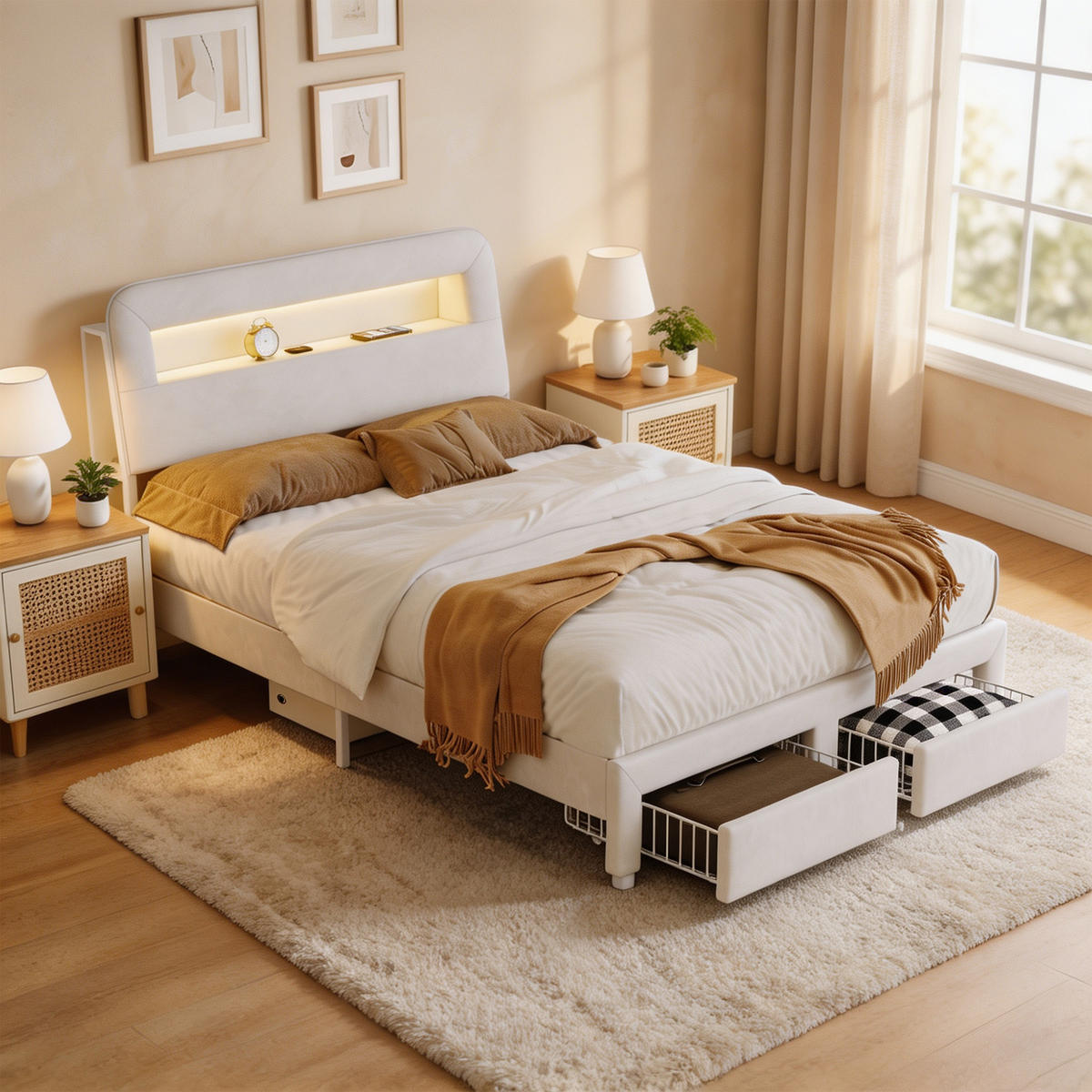 POLSTERBETT 140x200 cm, USB und LED, mit 2 Schubladen, Doppelbettrahmen 140x200 cm, Samt in Cremeweiß - Beige, Holzwerkstoff/Textil (140/200cm) - GENKI LIVING