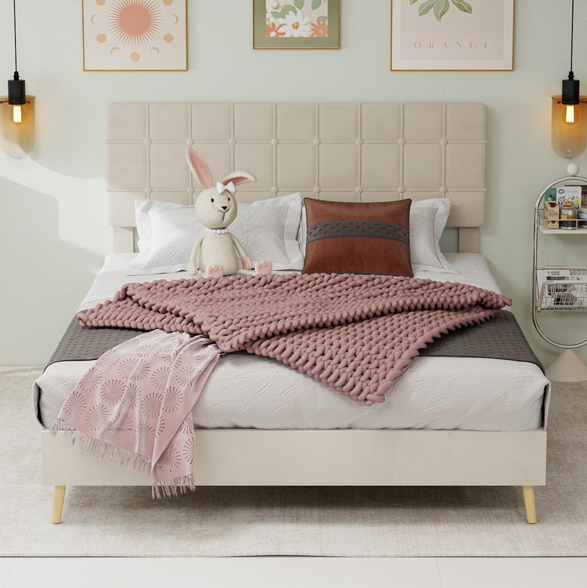 ČALOUNĚNÁ postel 140/200 cm béžová z veluru s prošívaným čelem a dřevěnými nohami - béžová, textil (140/200cm) - OKWISH