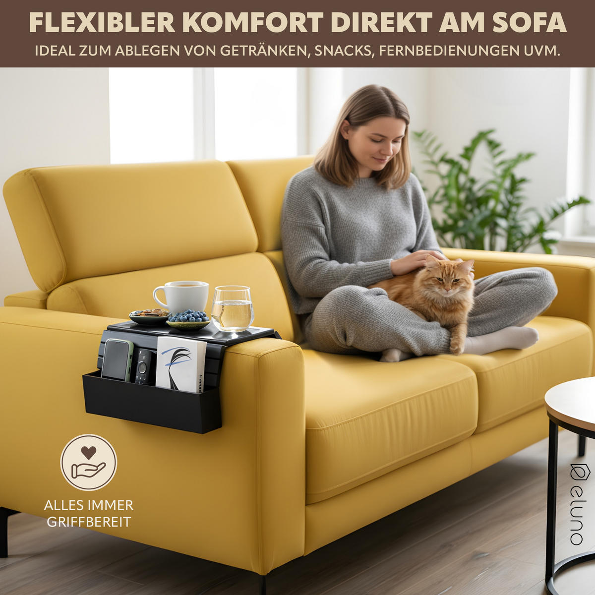 ARMLEHNEN-SOFATABLETT mit seitlichen Fächern, rutschfeste Silikonablage, Bambus, schwarz - Schwarz, Naturmaterialien (47/6/34cm) - eluno