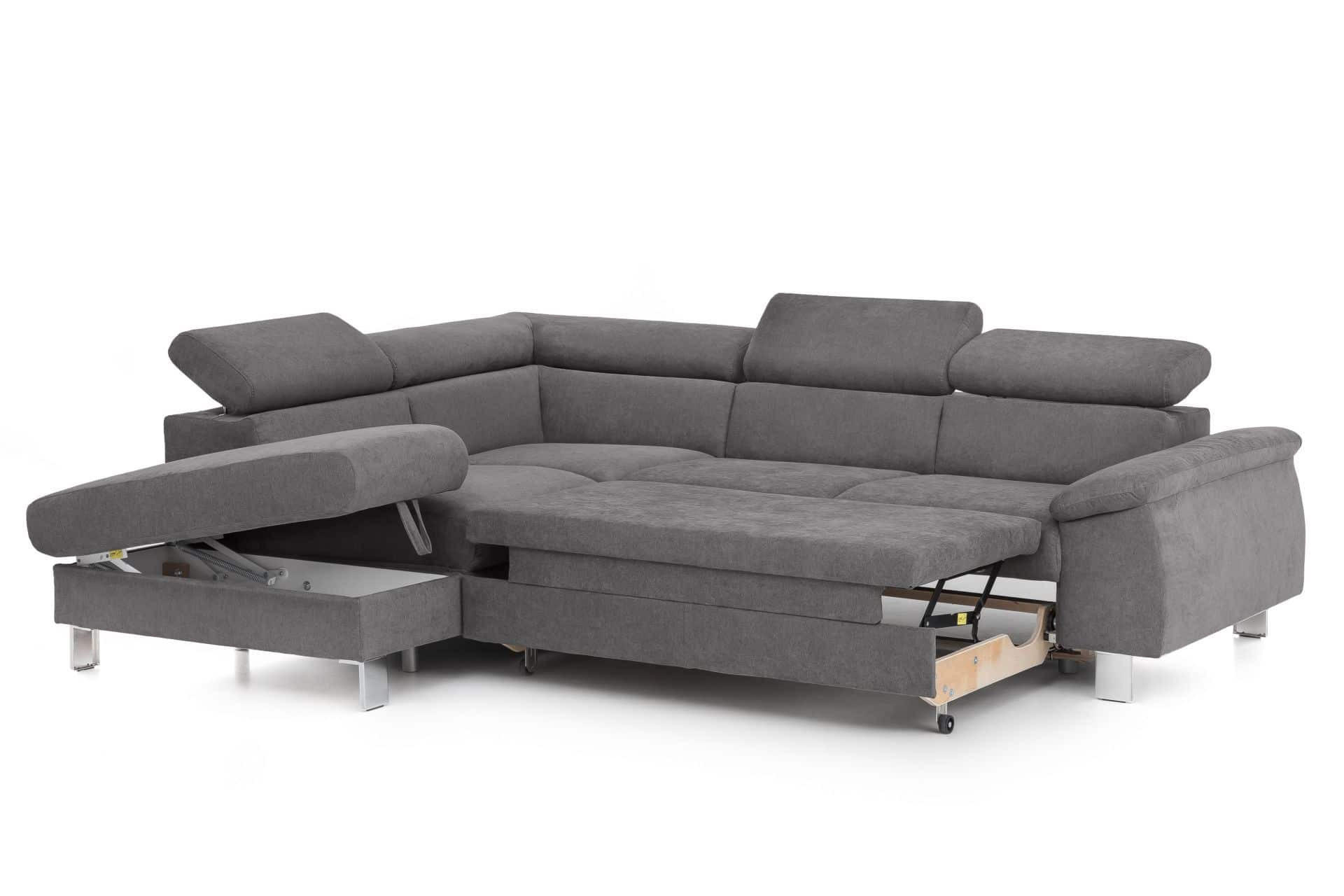 ECKSOFA mit Schlaffunktion und Bettkasten - Chromfarben/Grau, Holz/Textil (249/207cm) - Cotta