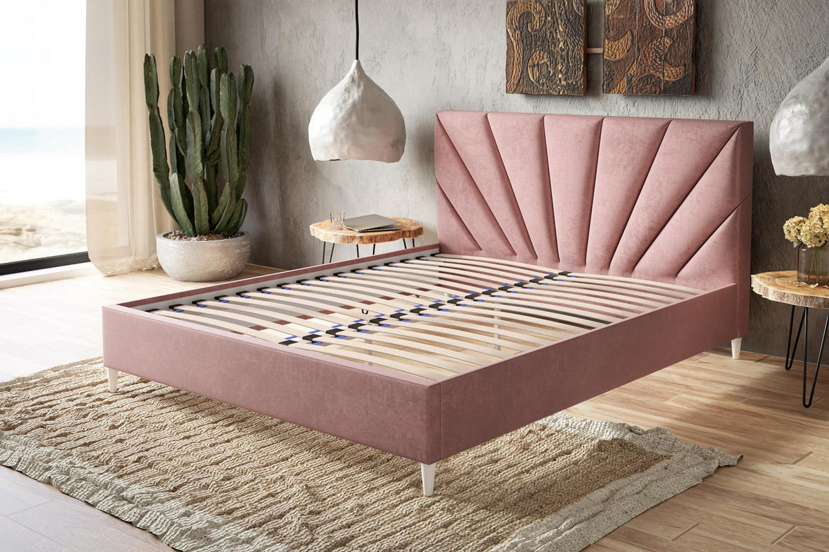 POLSTERBETT LUX Denver mit Kopfteil, 160 x 200 cm, Doppelbett mit Lattenrost aus Holz, Velourstoff Hellgrün, Füße in Farbe: Weiß - Hellgrün, Holz/Textil (160/200cm) - Alpi-Möbel