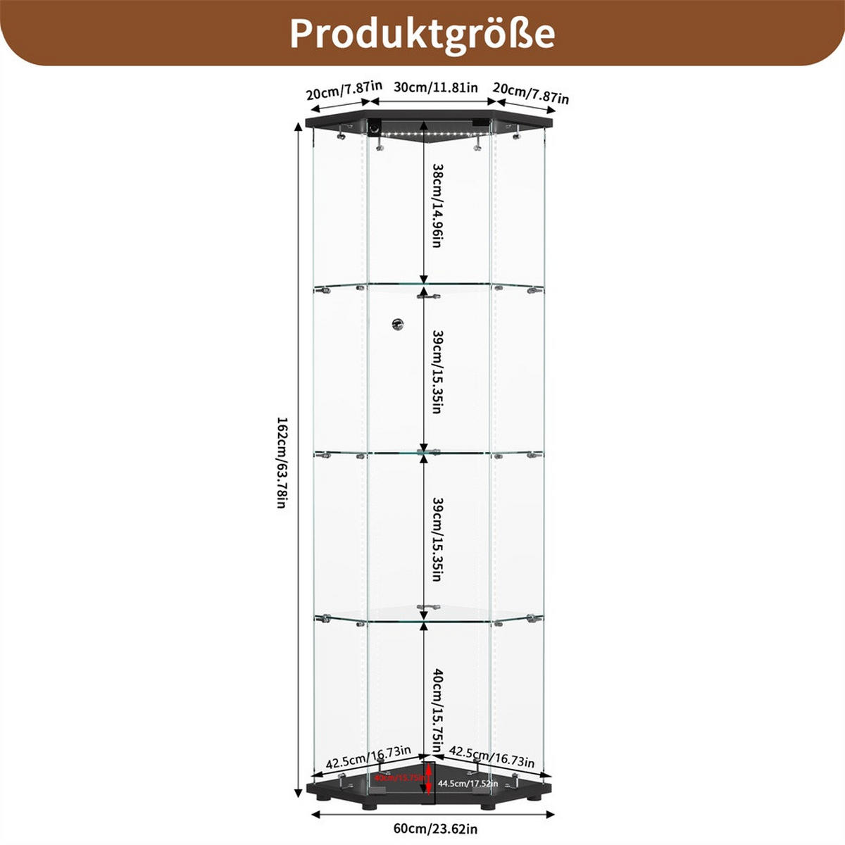 VITRINE mit RGB LED Beleuchtung - Eckvitrine mit 4 Ebenen und 1 Glastür - Glaskvitrine mit Schloss - Schwarz - Schwarz, Glas (60/162/42.5cm) - DELFA