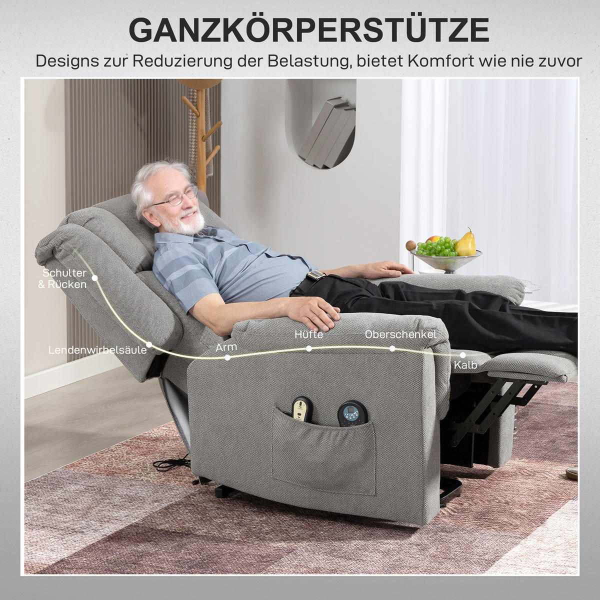 RELAXSESSEL Fernsehsessel Elektrisch Verstellbar Massagesessel mit Aufstehhilfe - Dunkelgrau, Textil (85/104/91cm) - HOMCOM