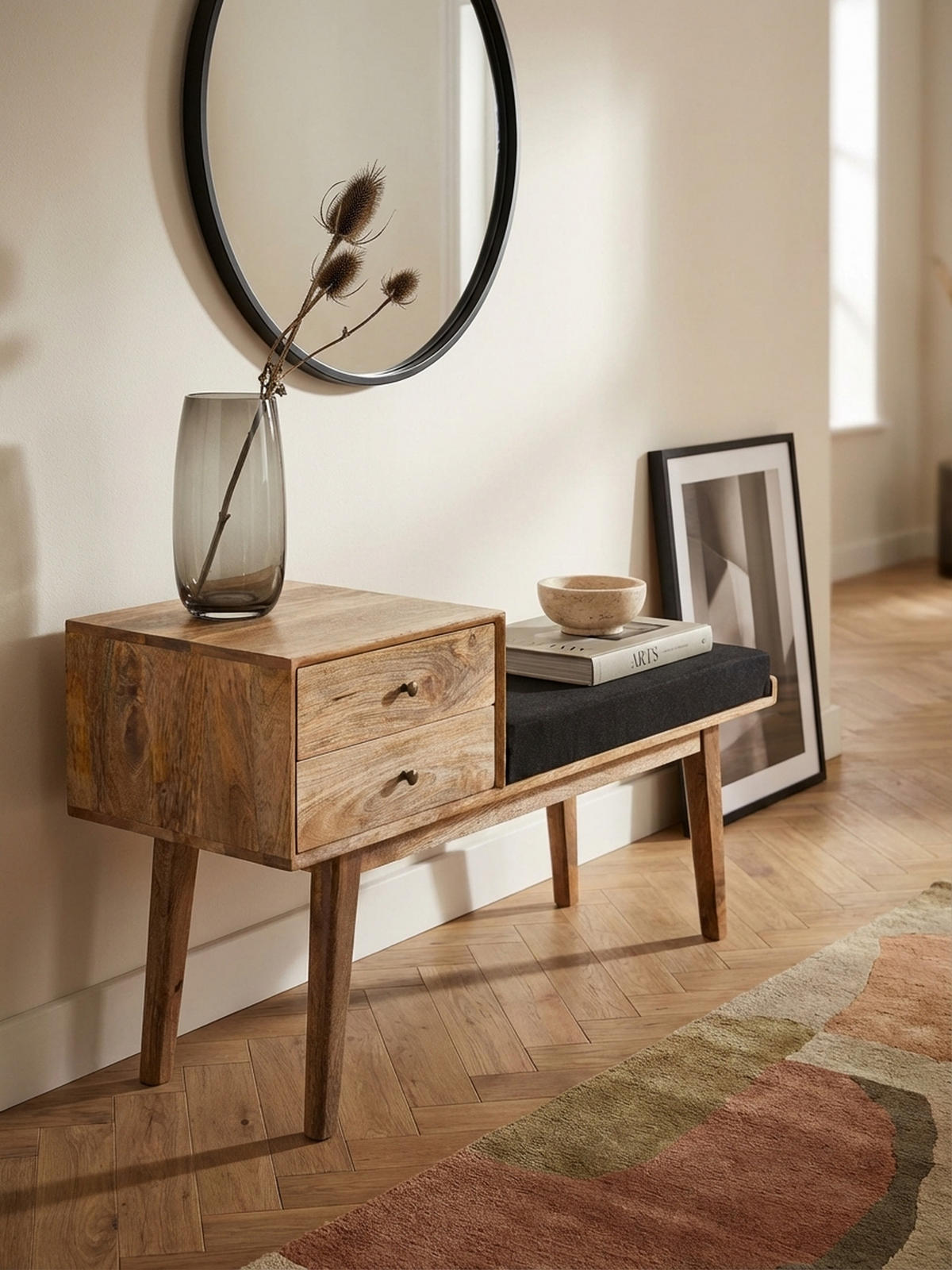 SITZBANK – Mango Holz, Schwarz, Schubladen, Retro-Stil - Schwarz/Braun, Holz/Textil (120/65/40cm) - KADIMA DESIGN