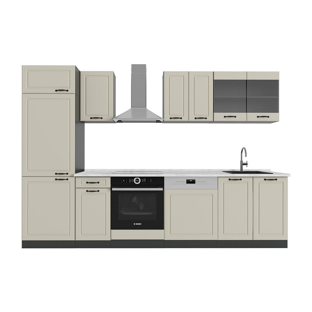 KÜCHENZEILE R-Line, Sand Landhaus/Anthrazit, 300 cm Arbeitsplatte Marmor - Beige/Anthrazit, Holzwerkstoff (300/206.8/60cm) - Vicco