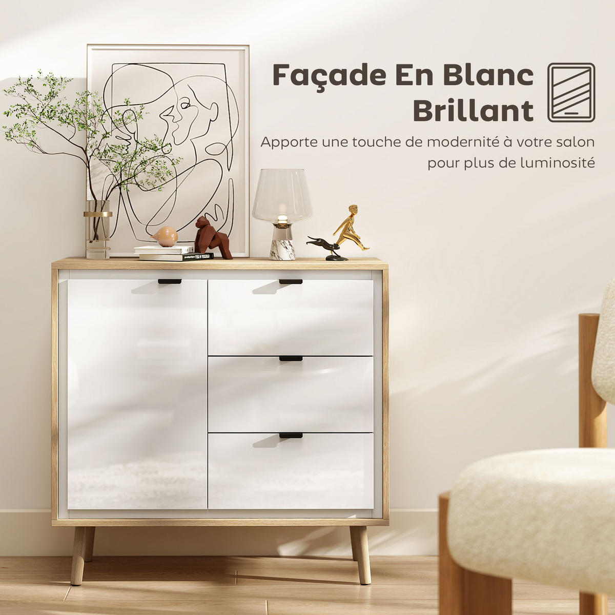 SIDEBOARD Weiß und Eiche-Nachbildung, 2 Türen, 3 Schubladen, 80/35/77 cm - Weiß Hochglanz, Holz (80/77/35cm) - PANGIVO