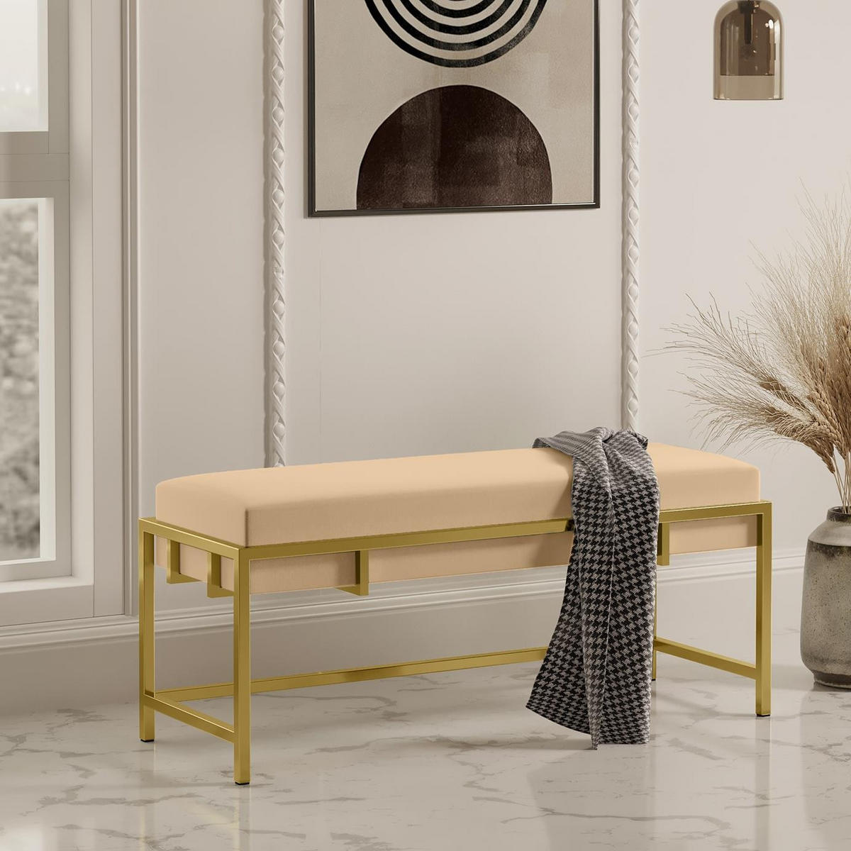 POLSTERBANK LAMO 100 Hellbeige, Goldene Beine - Goldfarben/Creme, Textil/Metall (100/45/35cm) - Bettso