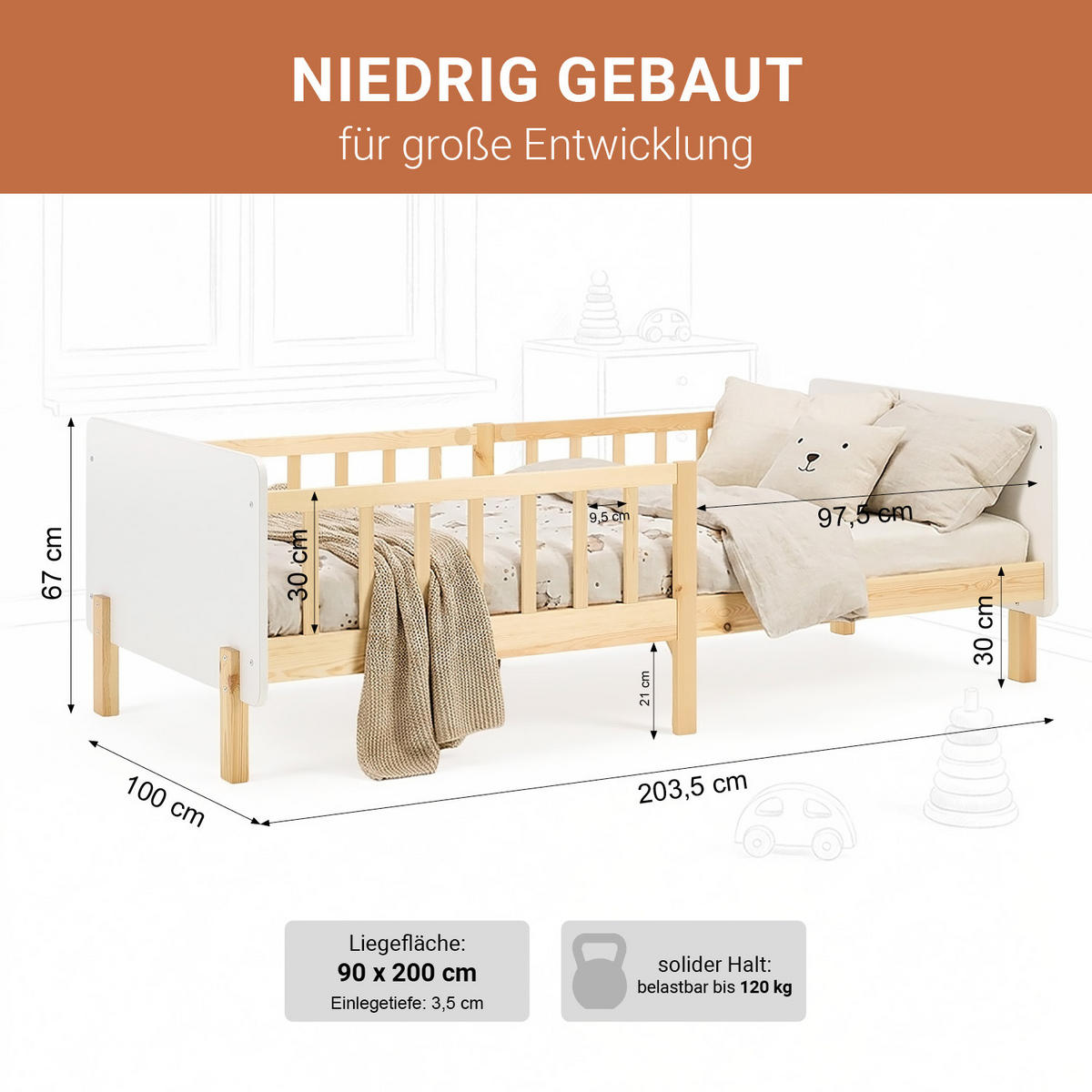 KINDERBETT Weiß 90/200 Lattenrost Rausfallschutz - Weiß, Holz (100/67/208cm) - Homestyle4u