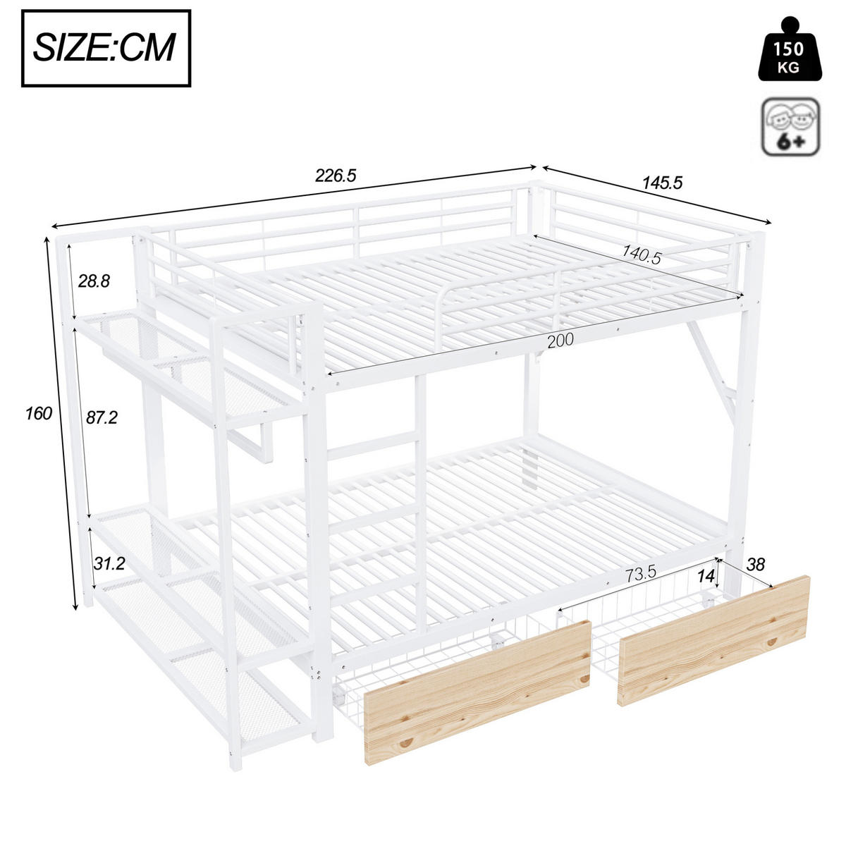 ETAGENBETT 140/200 cm aus Metall mit LED-Lichtleiste, Weiß - Weiß, Metall (140/200cm) - OKMYHOME
