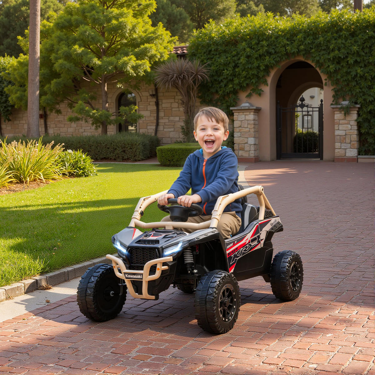 KINDER-ELEKTROAUTO 12V mit 2 Motoren Fernbedienung LED-Leuchten - Gelb, Kunststoff (100/64/56cm) - AIYAPLAY