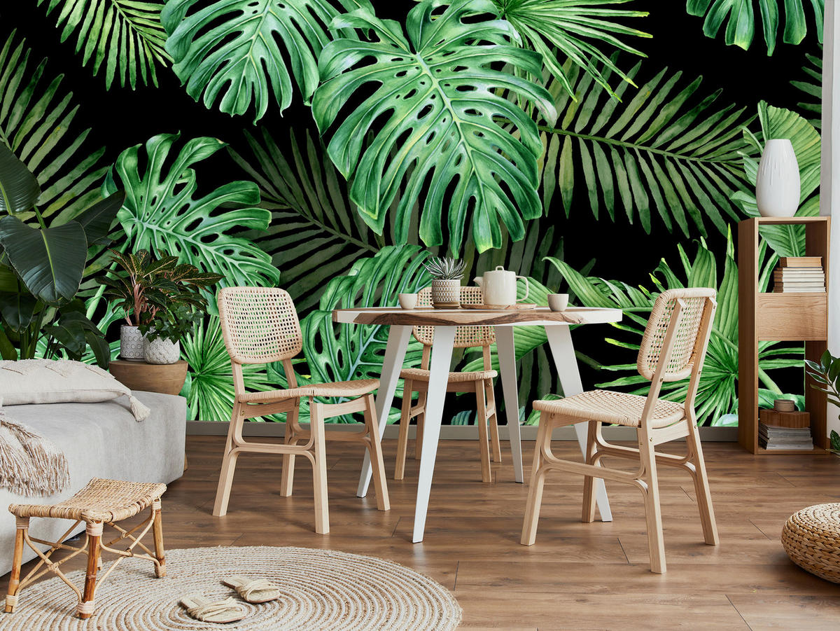 FOTOTAPETE für Schlafzimmer Exotische Grüne Monstera Palmen 500x350 - Schwarz/Grün, Papier (500/350cm) - Muralo