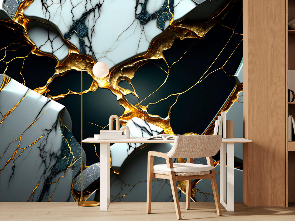 FOTOTAPETE für Wohnzimme Schwarze Weißer Marmor Goldelementen 200x140 - Goldfarben/Schwarz, Papier (200/140cm) - Muralo