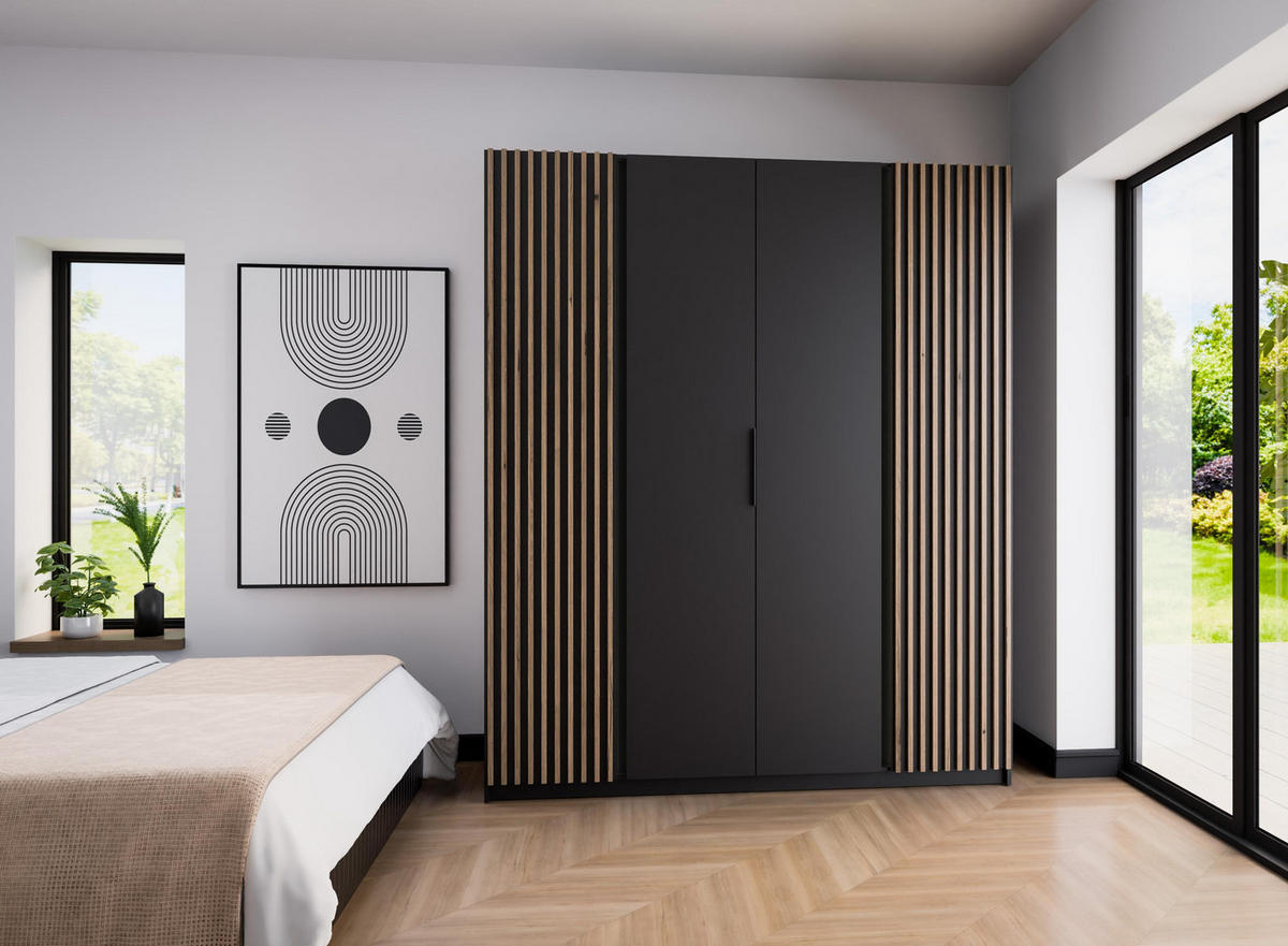 KLEIDERSCHRANK Nehir Korpus Schwarz, Front Schwarz/Eiche Evoke 200 cm - 4T Modern mit 2 Lamellentüren außen - Schwarz, Holzwerkstoff/Kunststoff (200/239/61.9cm) - AX Living