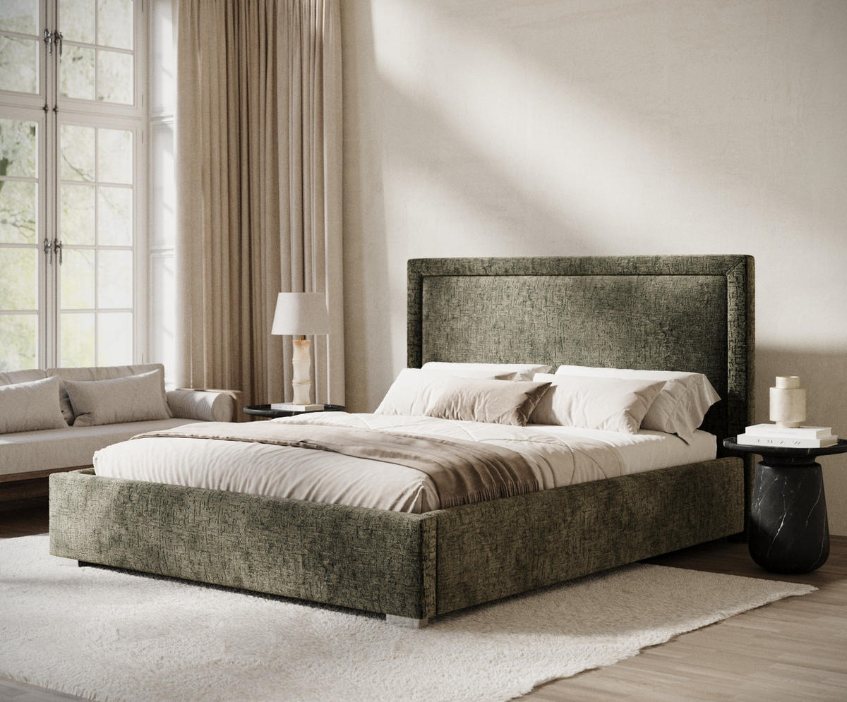 POLSTERBETT Ordina Olivgrün 160/200 cm im Chenille-Stoff - Silberfarben/Naturfarben, Holz/Holzwerkstoff (160/200cm) - Maison de Reve