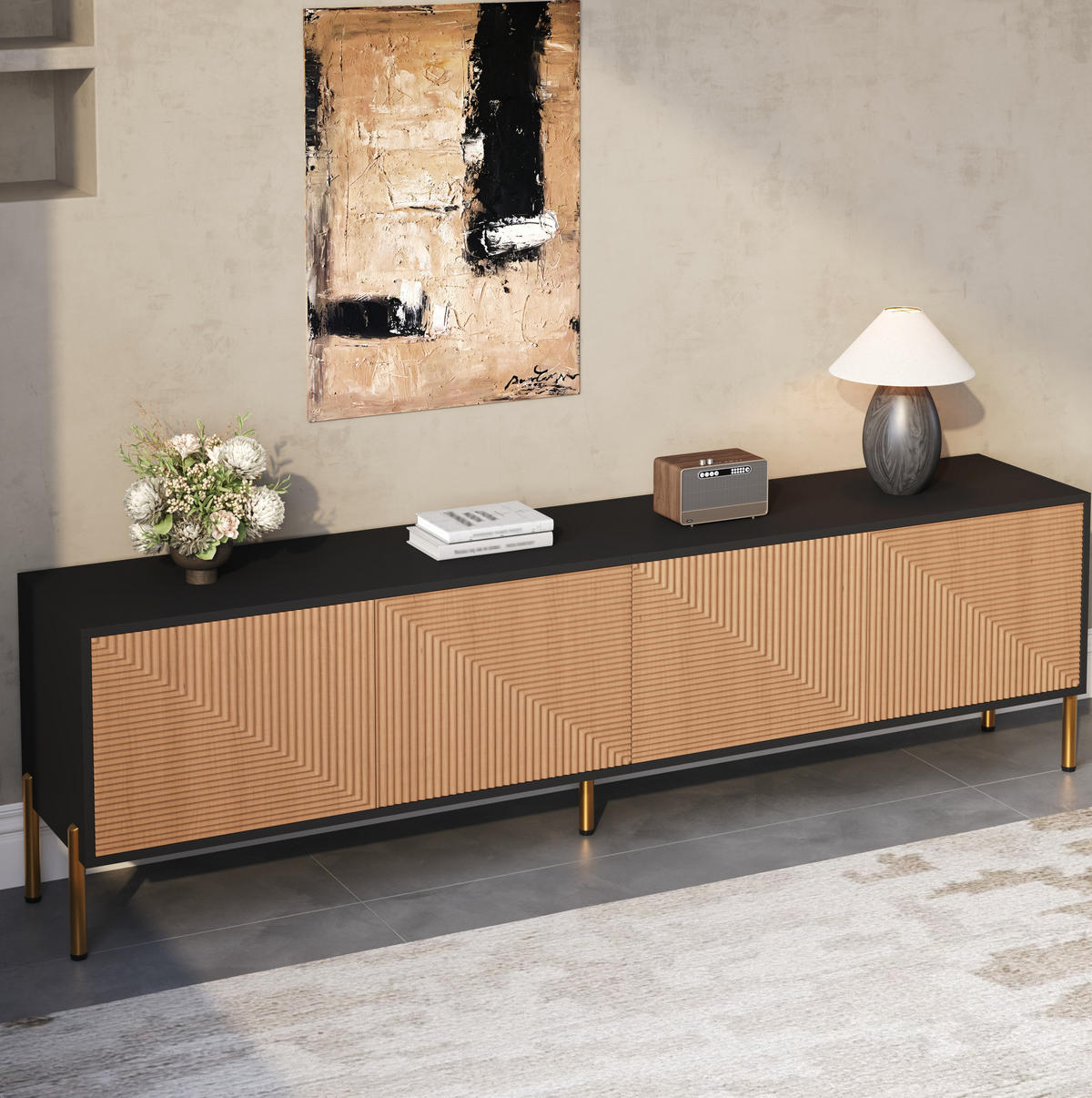 TV-SCHRANK mit 4 Türen 179 x 35 x 53,5 cm Schwarz/Natur - Schwarz, Holzwerkstoff (35/53.5/179cm) - Beauniv