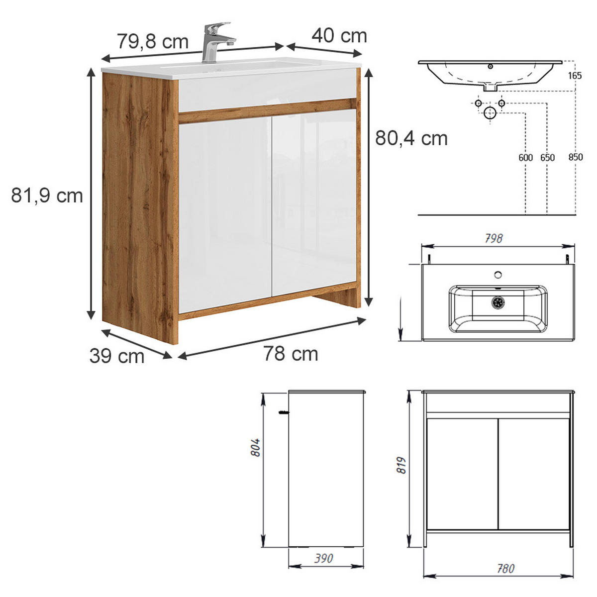 WASCHTISCHKOMBI Lemgo Goldkraft Eiche 2 Teile - Honigeiche/Weiß Hochglanz, Holzwerkstoff (79.8/81.9/40cm) - Vicco