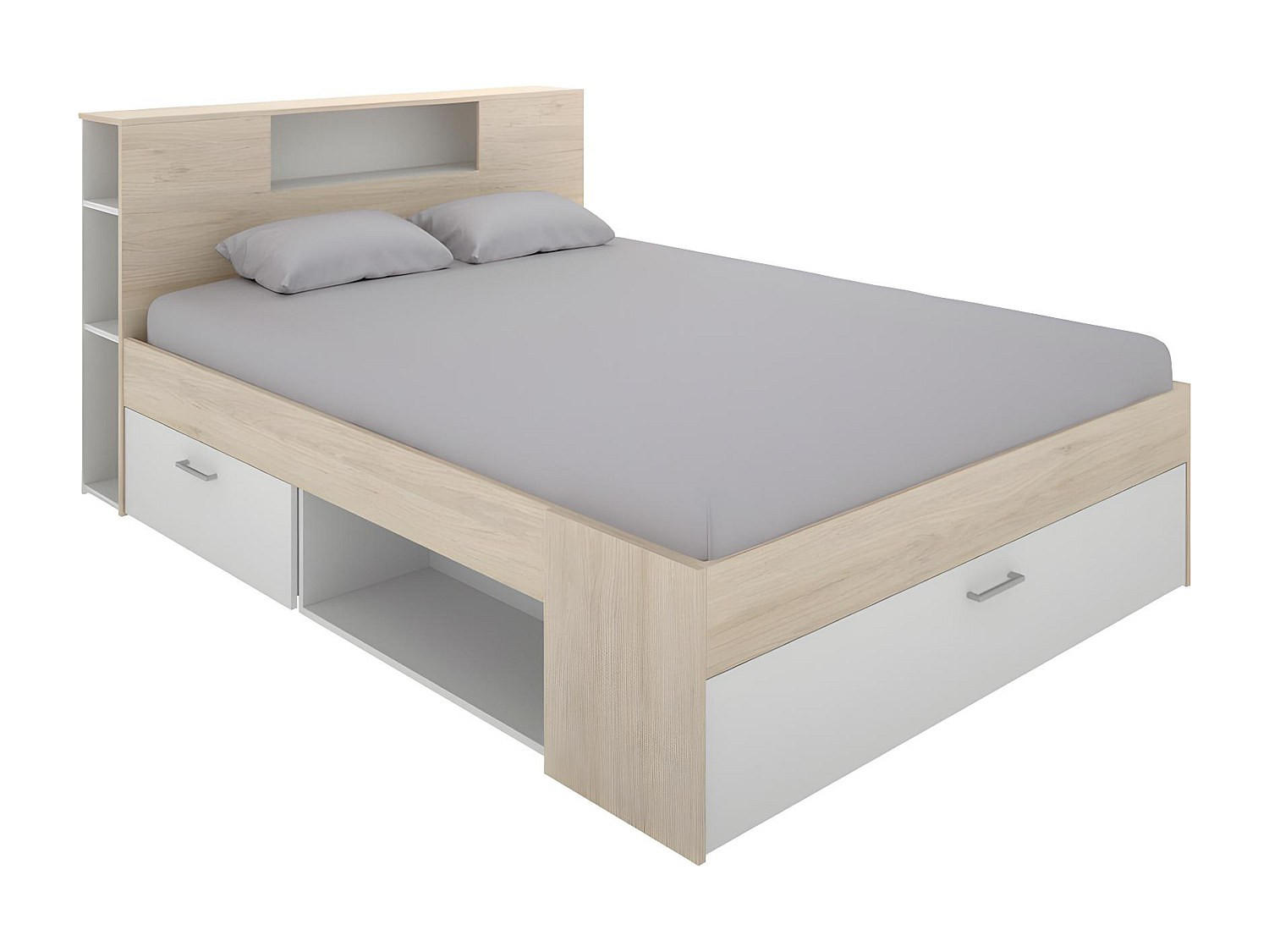 BETT mit Kopfteil, Stauraum & Schubladen - 140 x 190 cm - Weiß & Naturfarben - LEANDRE - Naturfarben/Weiß, Holz (149.6/218.5cm) - Vente-Unique
