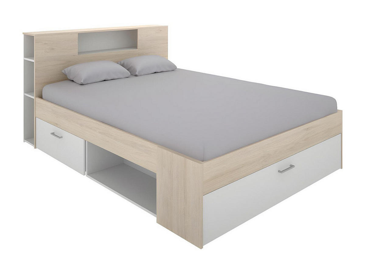 BETT mit Kopfteil, Stauraum & Schubladen - 140 x 190 cm - Weiß & Naturfarben - LEANDRE - Naturfarben/Weiß, Holz (149.6/218.5cm) - Vente-Unique