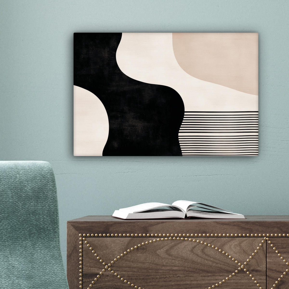 LEINWANDBILD Abstrakt - Japandi - Beige - Modern 30x20 cm - Schwarz, Textil (30/20cm) - MuchoWow