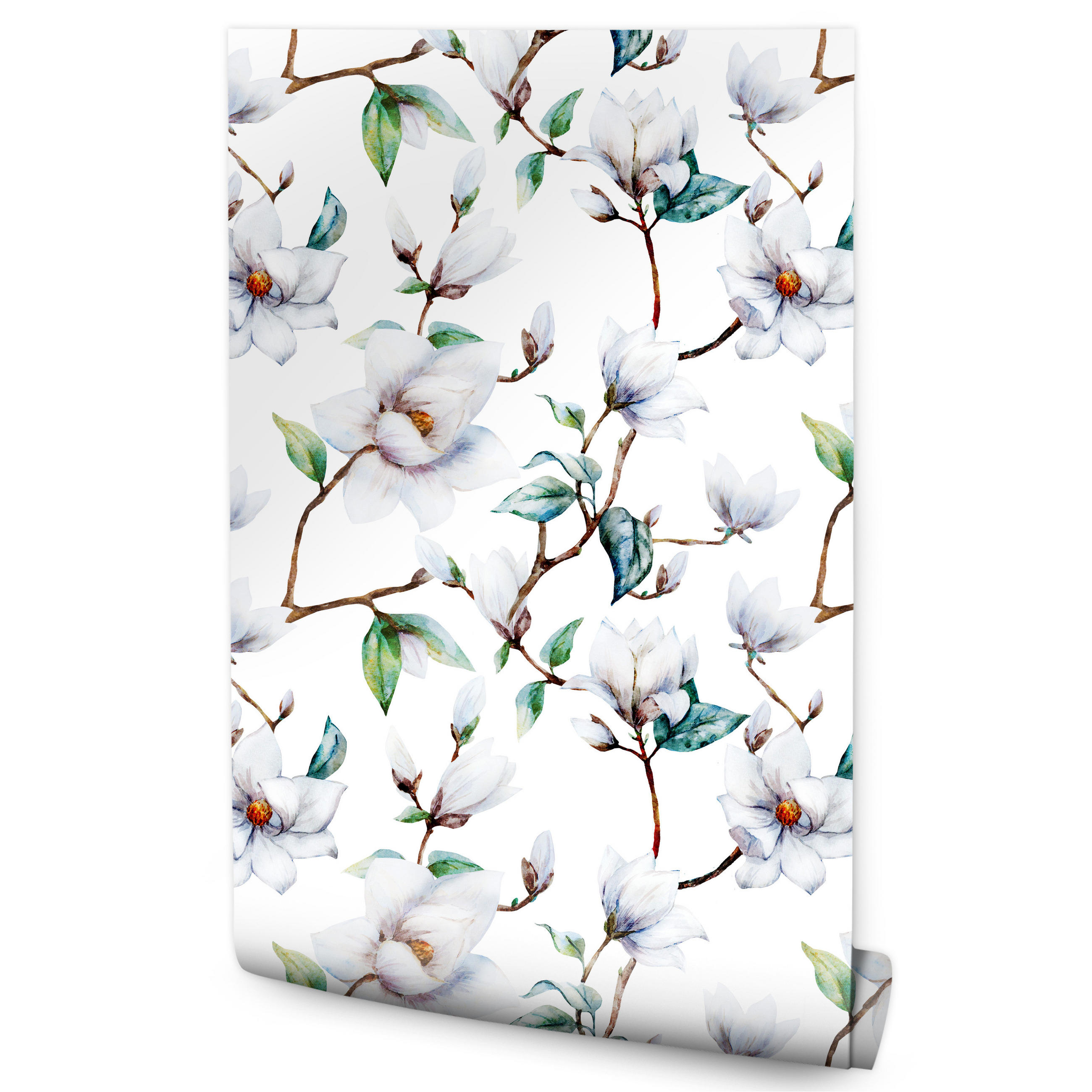 VLIESTAPETE Magnolienblüten – Weiß, Grün, Hellblau – 50x1000 cm - Weiß/Hellblau, Papier (50/1000cm) - Muralo