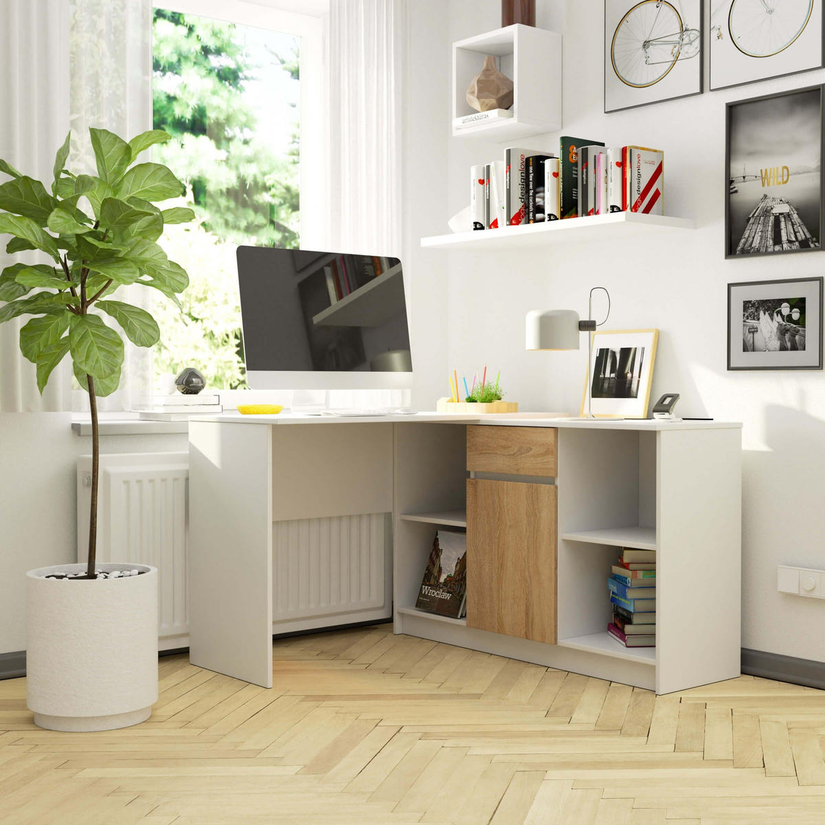 ECKSCHREIBTISCH-SET 120cm mit Kommode - Akaziefarben, Holzwerkstoff (126/120/79cm) - RAUMHIRSCH FURNITURE
