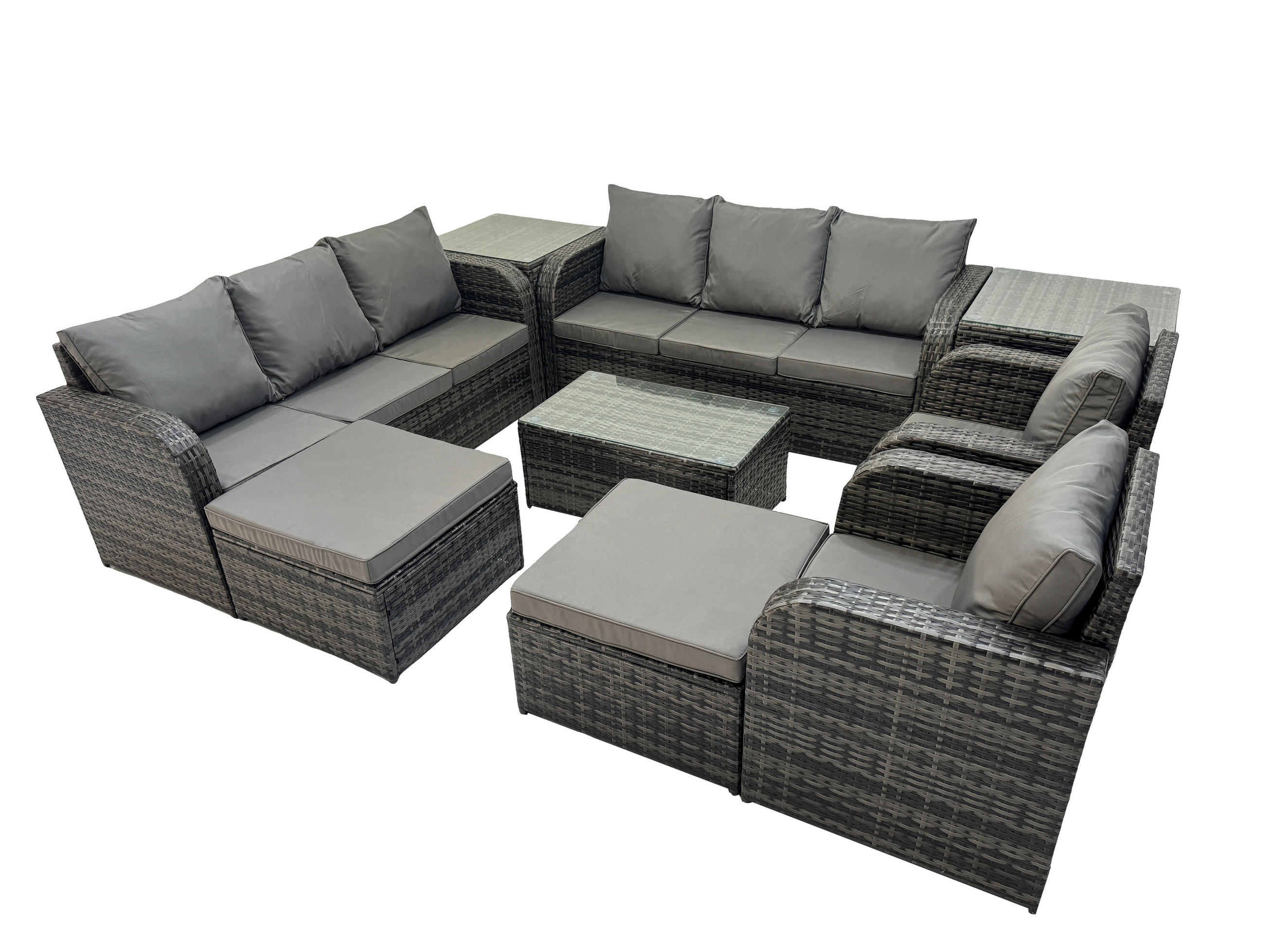 GARTENMÖBEL-SET mit Kissen Polyrattan Dunkelgrau 10-Sitzer - Dunkelgrau/Grau, Glas/Kunststoff - Fimous