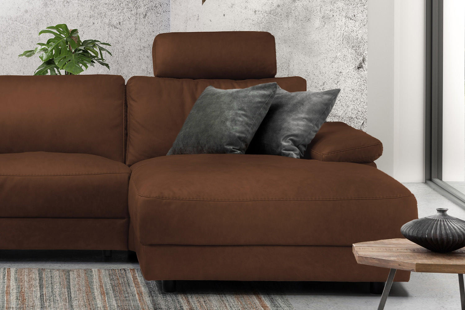 ECKSOFA XL MOTOR. RELAXFUNKTION LOLA Braun Leder - Dunkelbraun/Schwarz, Leder (304/178cm) - KAWOLA