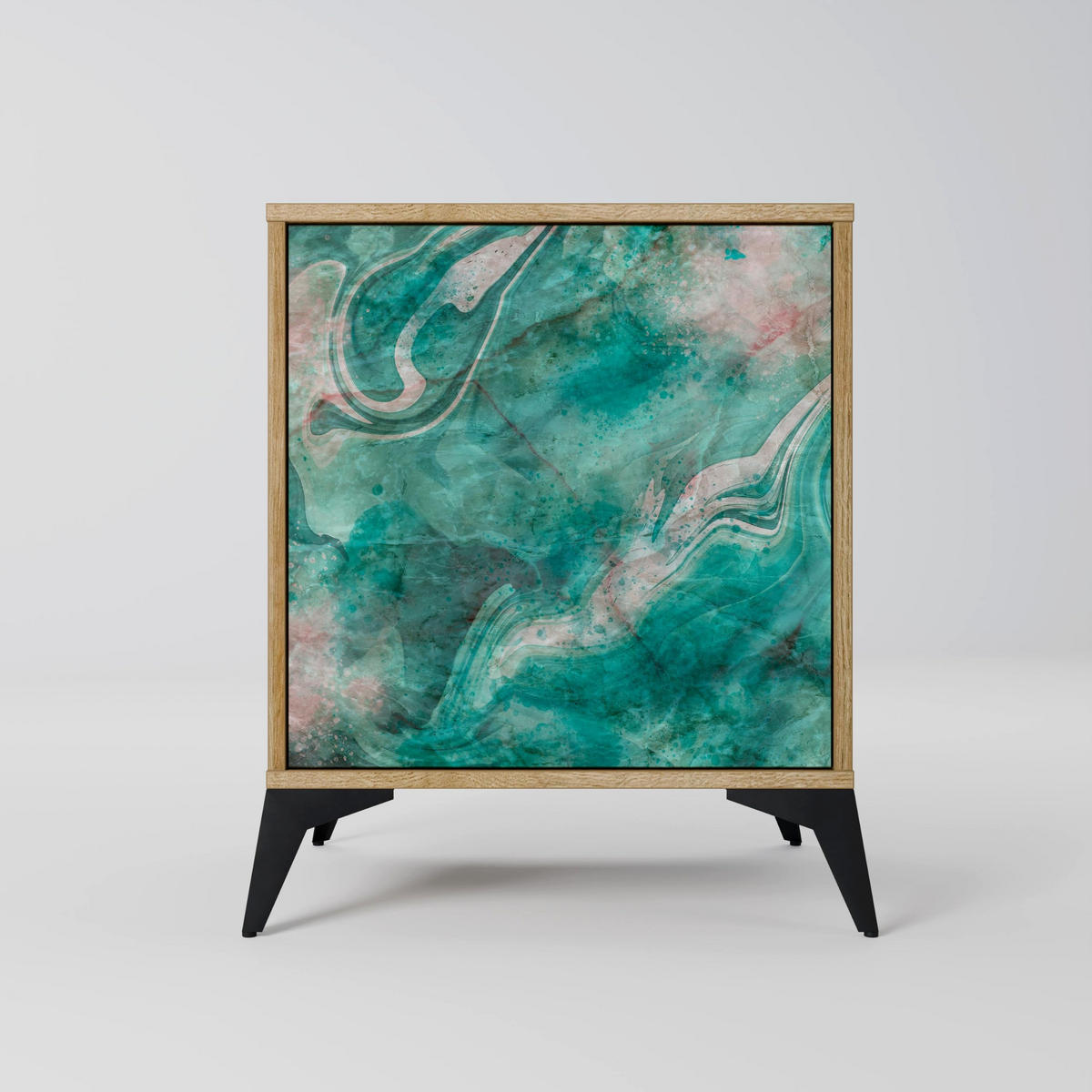 SIDEBOARD ABSTRACT ALCHEMY, Eichefarben, 57,5x42x70,5 cm, Schwarze Metall-Sternfüße - Eichefarben/Multicolor, Holzwerkstoff/Metall (57.5/70.5/42cm) - SpaceRebels