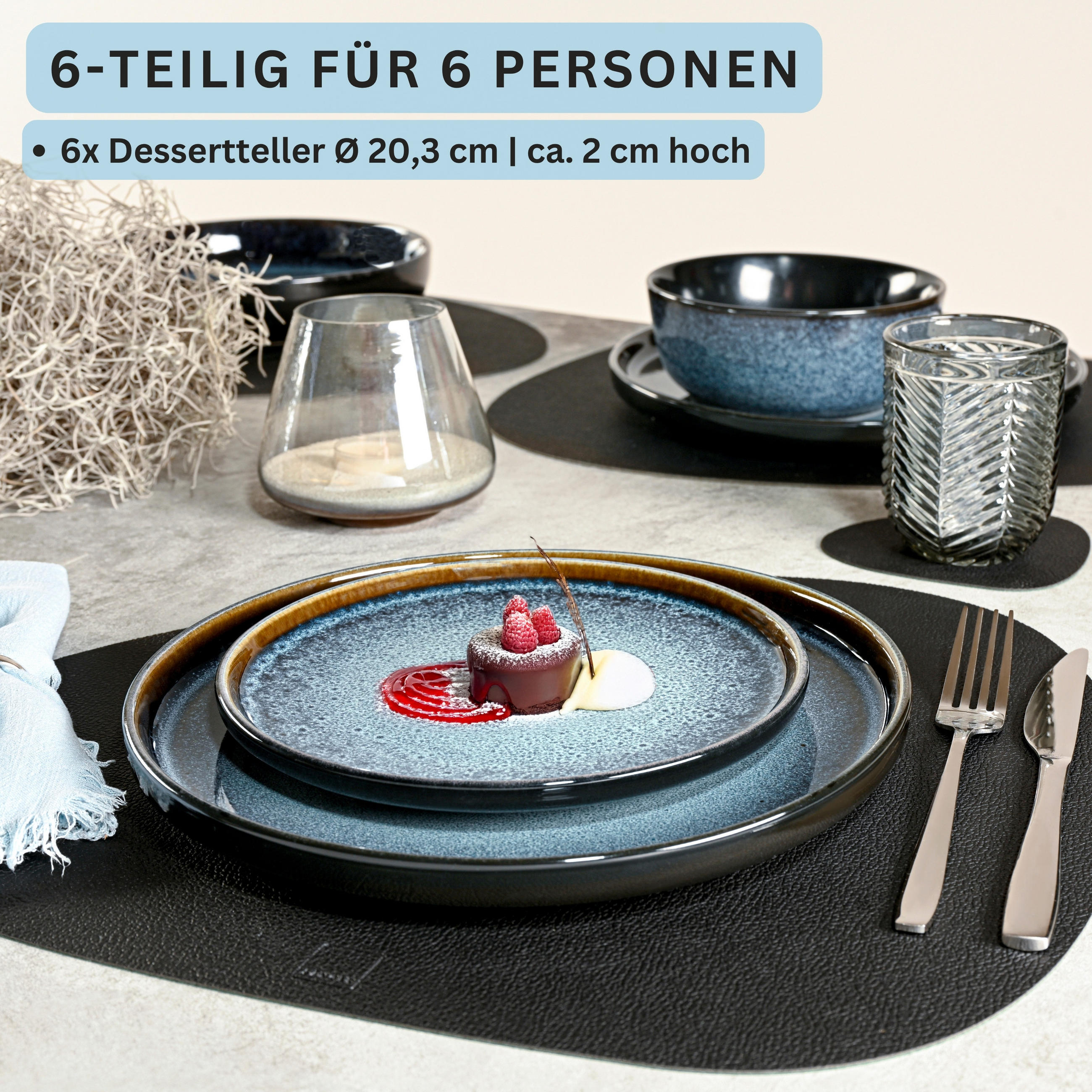 DESSERTTELLER SET OSAKA - 6 teilig aus Steingut - Blau, Stein (20.3cm) - Sänger