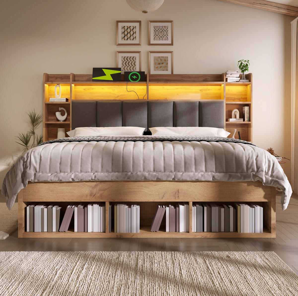 POLSTERBETT 160/200 cm Eichefarben mit LED-Beleuchtung, USB-Anschlüssen, Stauraum und Rollschubladen - Naturfarben, Holz (160/200cm) - OKMYHOME