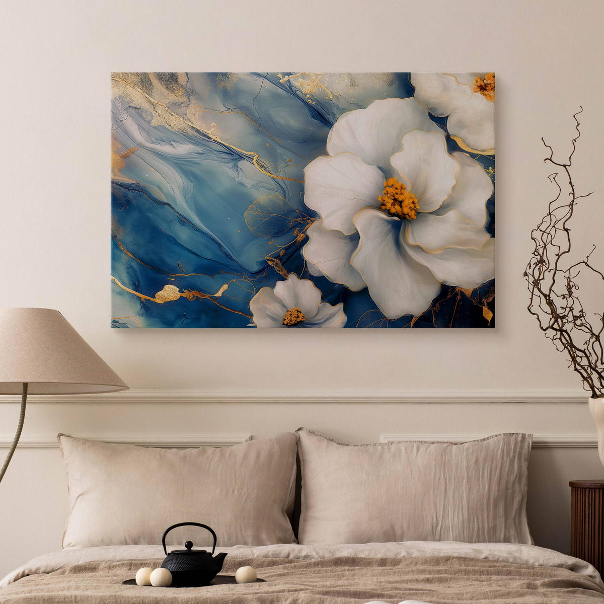 LEINWANDBILD Blumen Marmor Abstraktion Glamour 100cm x 70cm - Blau/Beige, Textil (100/70cm) - Muralo