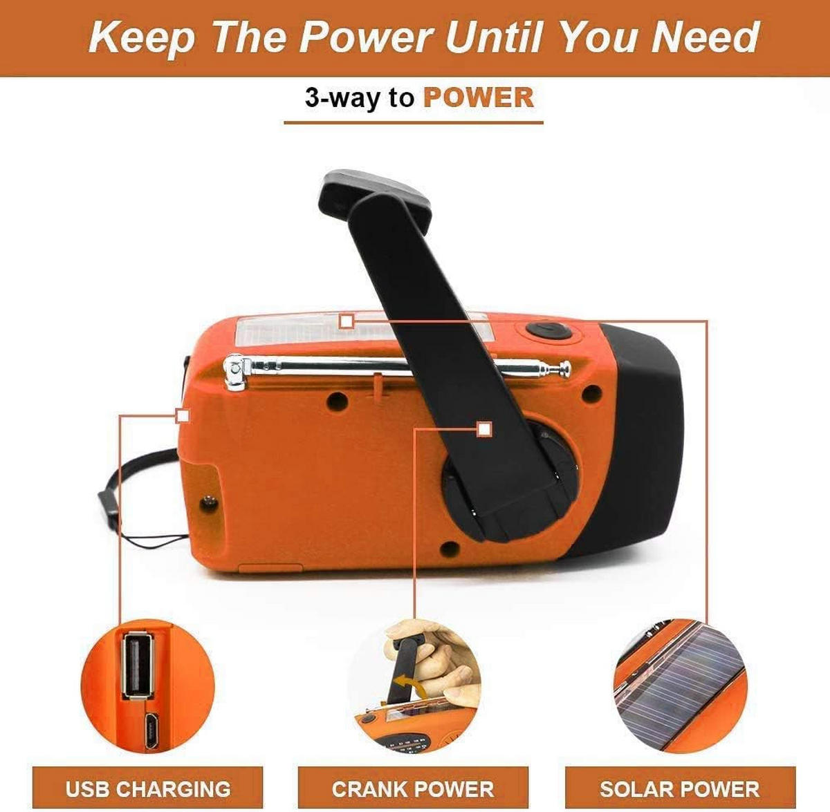 RADIO – NOAA AM/FM – Handkurbel-Generator / LED-Taschenlampe / 2000-mAh-Powerbank – Orange - Orange, Kunststoff (12.7/4.57/6cm) - DCA