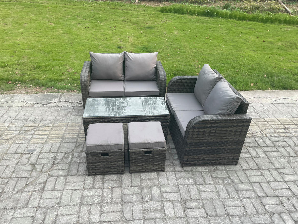 GARTENMÖBEL SET mit Sofa Polyrattan 6-Sitzer Dunkelgrau - Dunkelgrau/Grau, Glas/Kunststoff - Fimous