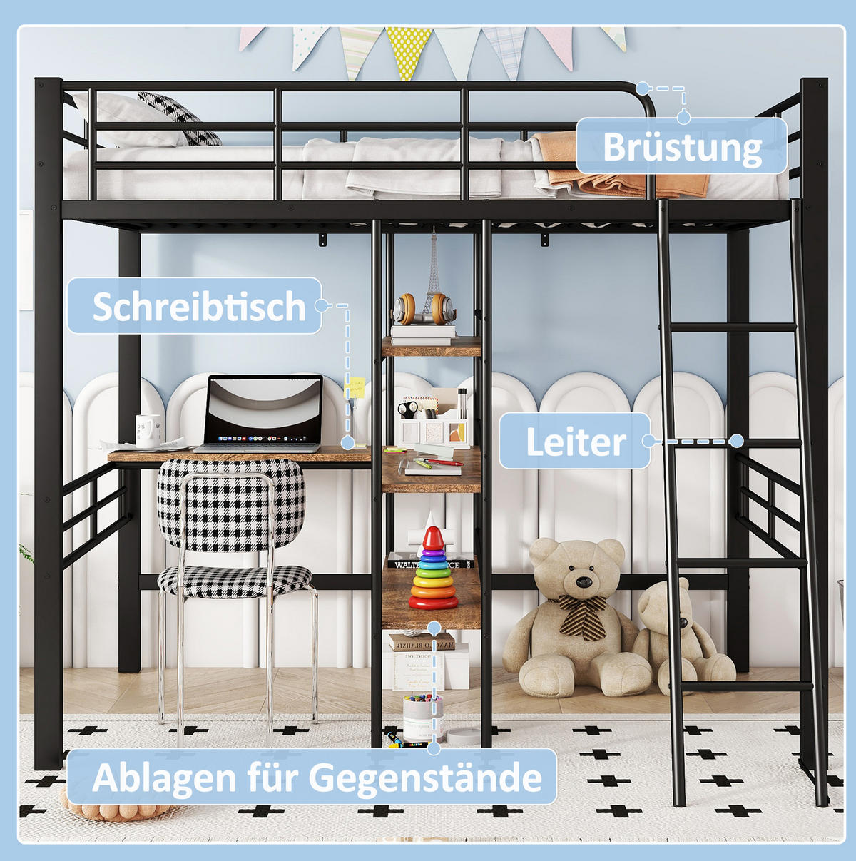 HOCHBETT mit Schreibtisch 90/200 cm in Schwarz – mit Regalen, Leiter und Rausfallschutz - Schwarz, Metall (90/200cm) - BEAOK