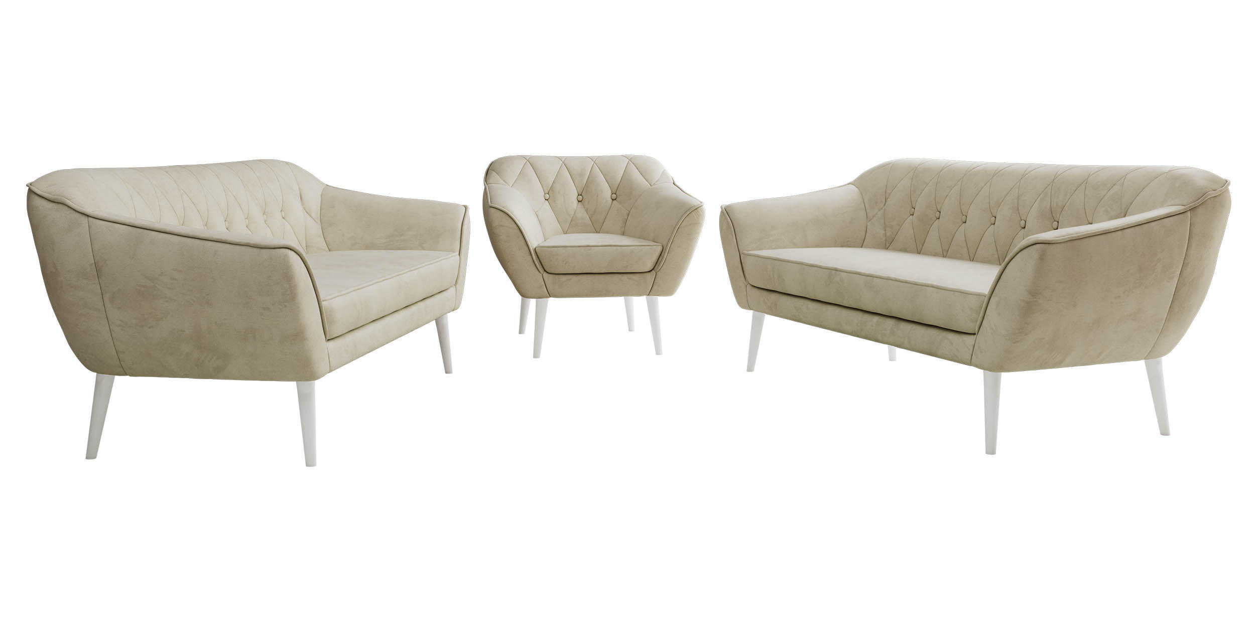 SITZGARNITUR PIRS 3+3+1 - Beige Velvet - Weiße Beine - Beige/Weiß, Holzwerkstoff/Textil (180/75/74cm) - MKS