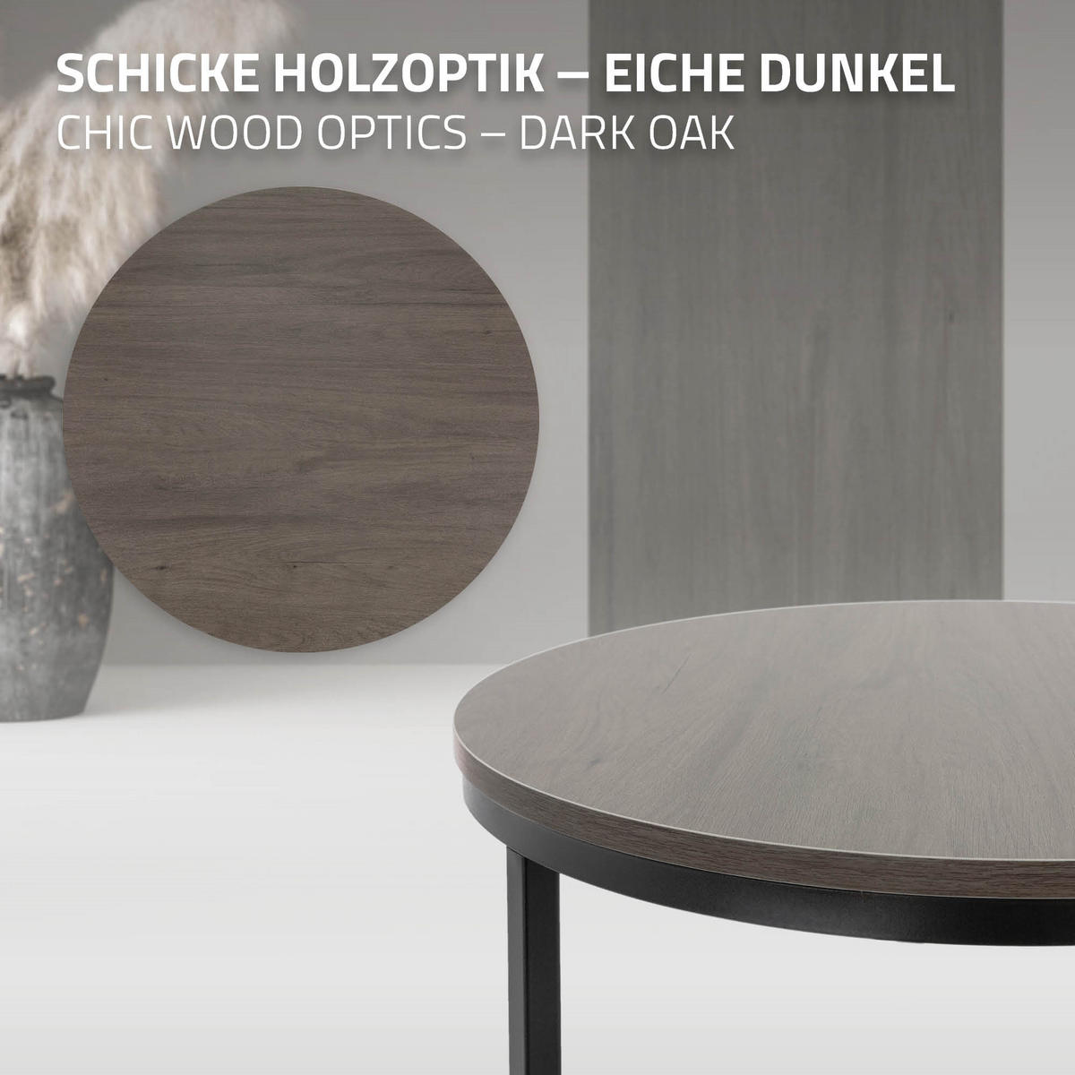 COUCHTISCH rund Eiche-dunkel-Schwarz 74/74/48-59/59/40 cm 2er Set - Dunkelbraun, Metall (74/48/74cm) - ML-DESIGN