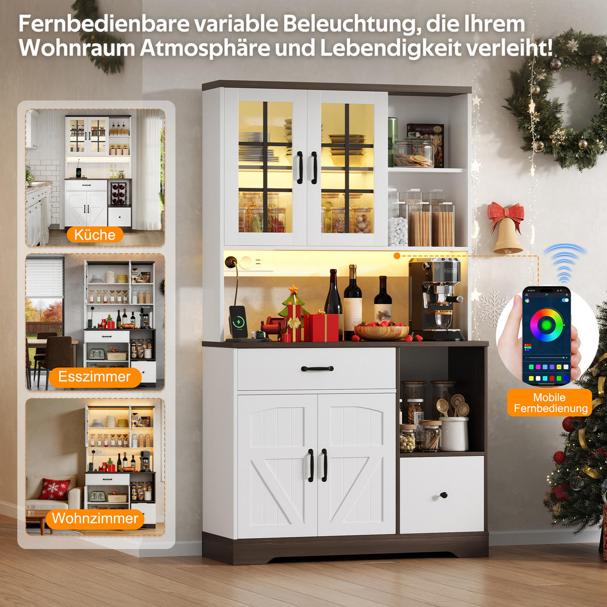 BUFFET 105/40/185 cm Weiß mit verstellbaren Einlegeböden, 2 Schubladen und farbwechselnder LED-Beleuchtung - Weiß, Holz (105/185/40cm) - Oxeza