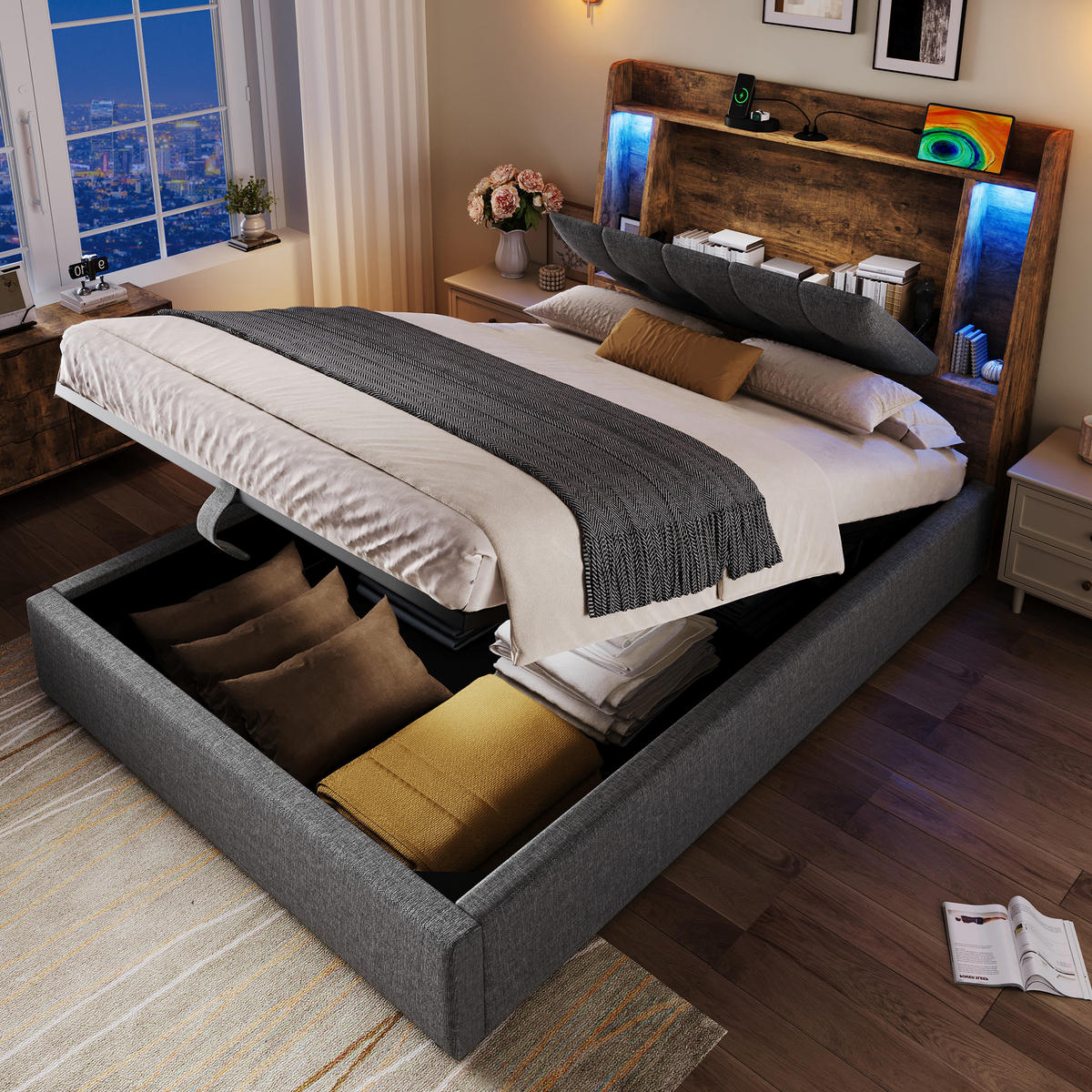 POLSTERBETT 90x200cm Grau USB-C LED-Licht App-Steuerung Leinen - Grau, Holz (90/200cm) - FLIEKS