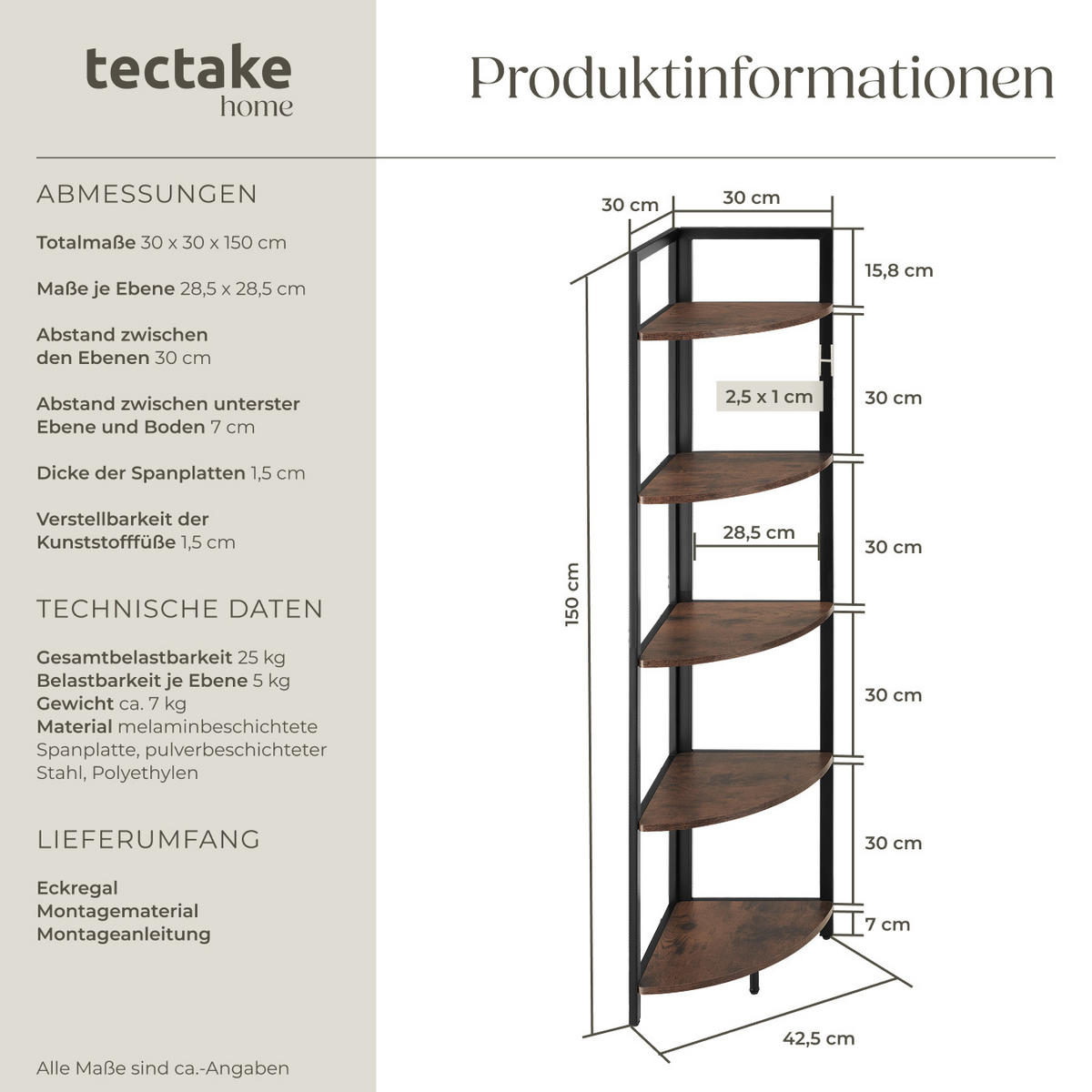 ECKREGAL Castlebar ,inklusive Kippschutz, 30 x 30 x 150 cm,Industrial Holz dunkel, rustikal - Rostfarben, Holzwerkstoff (30/150/30cm) - tectake