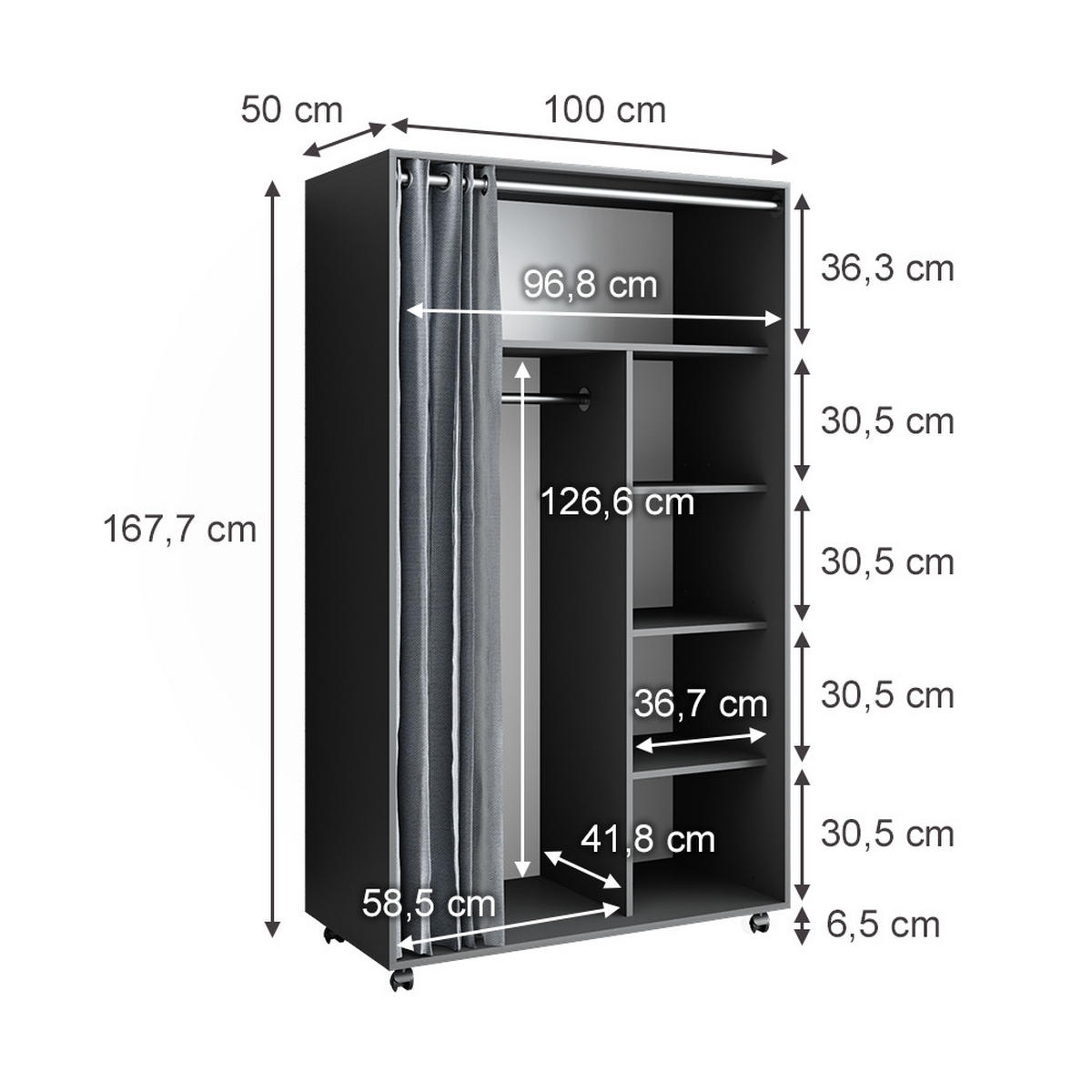 KLEIDERSCHRANK Doros Grau 100 x 168 cm mit Rollen - Grau, Holzwerkstoff (100/168/50cm) - Vicco