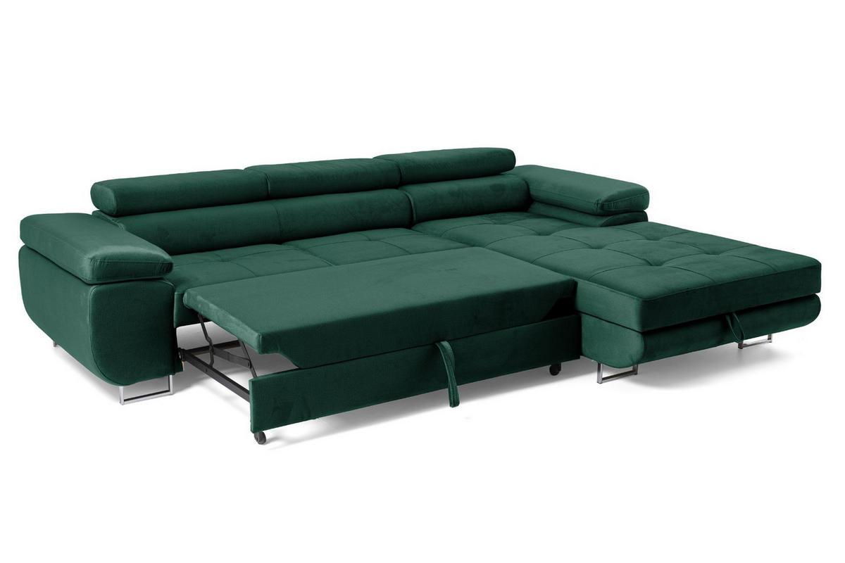 ECKSOFA ALONZO L Rechts mit Schlaffunktion 125x195 Velours Grün - Silberfarben/Grün, Holz/Textil (203/275cm) - Muffo