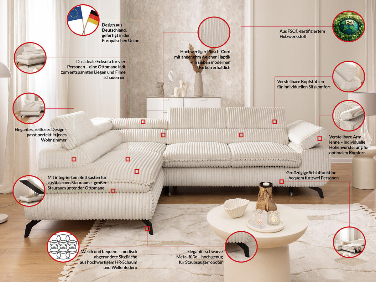 ECKSOFA mit Schlaffunktion und Bettkasten Bonnie aus Creme Cord-Stoff mit verstellbaren Kopfstützen und Armlehne - Ottomane links - Creme/Schwarz, Holz/Textil (275/210cm) - S-Style Möbel