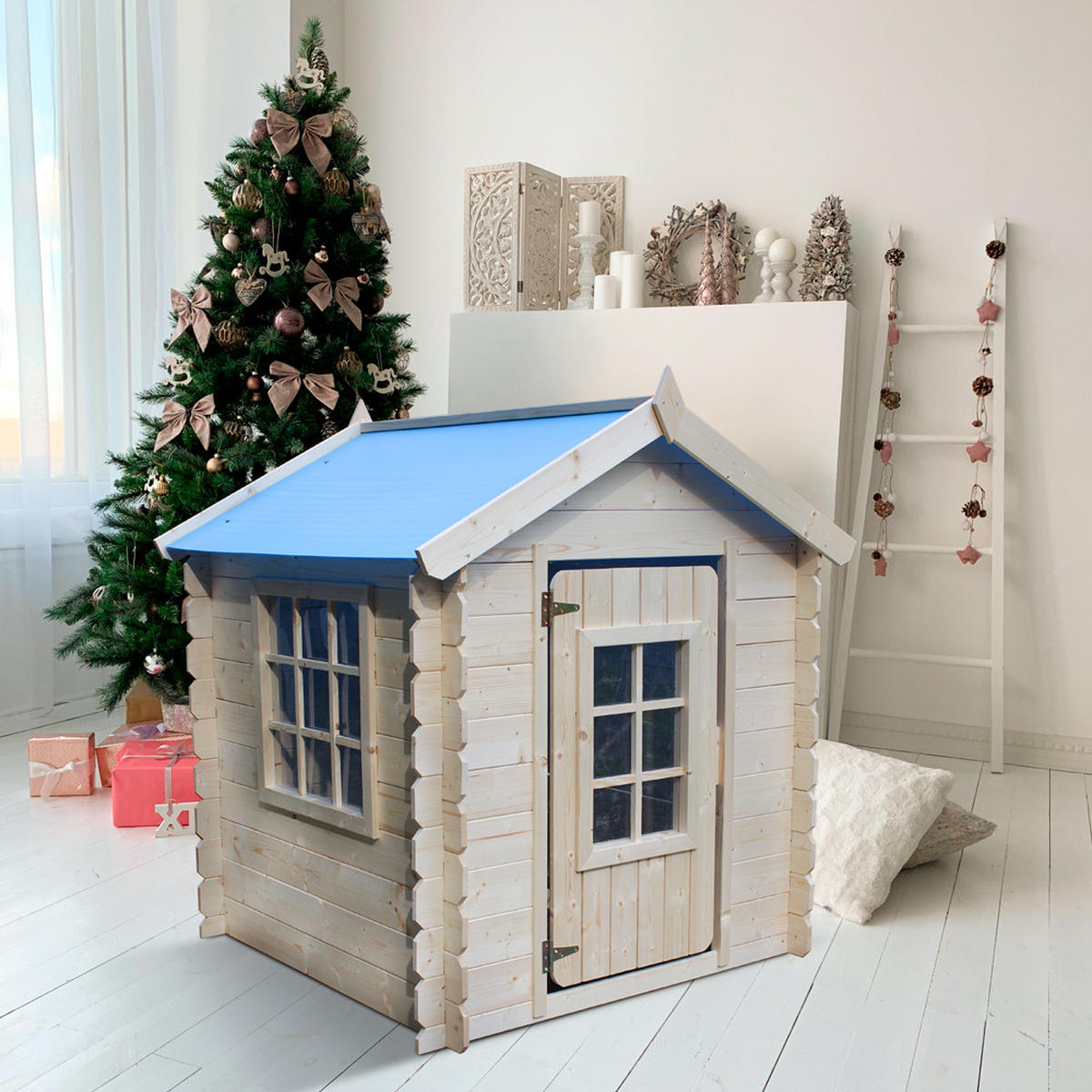 KINDERSPIELHAUS aus Holz - 111x113xH121 cm/0.9 m2 - M570M-1 - Blau/Beige, Holz (114/121/111cm) - Timbela