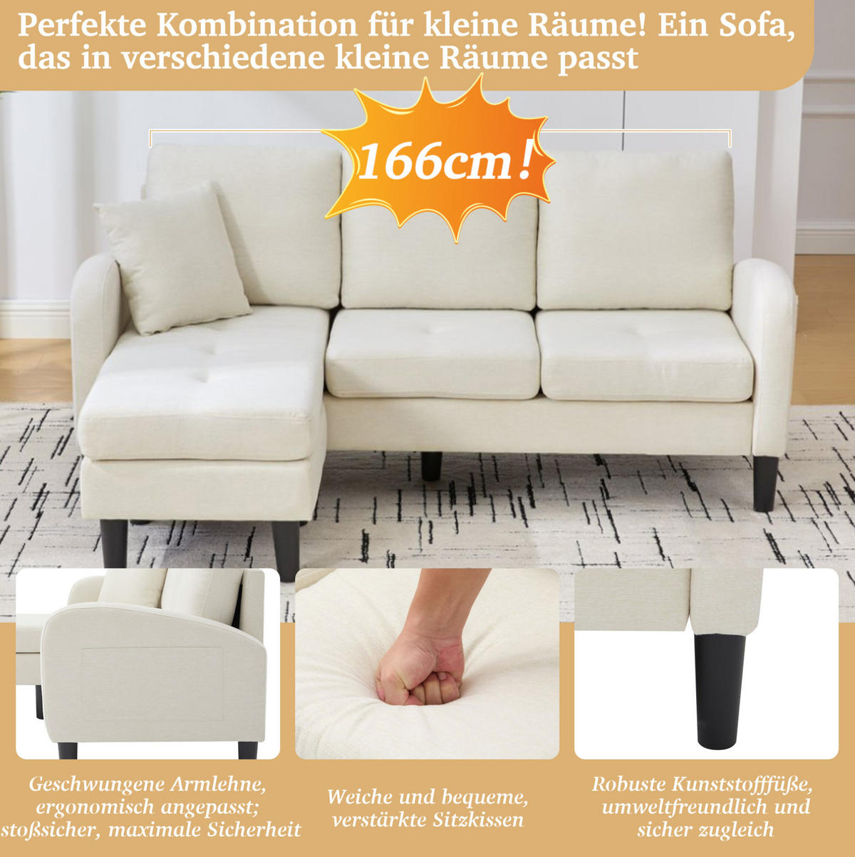 ECKSOFA 166/118/77 cm Hellbeige aus Baumwoll-Leinen-Mischgewebe mit modularer Chaiselongue - Weiß, Textil (118/166cm) - OKMYHOME